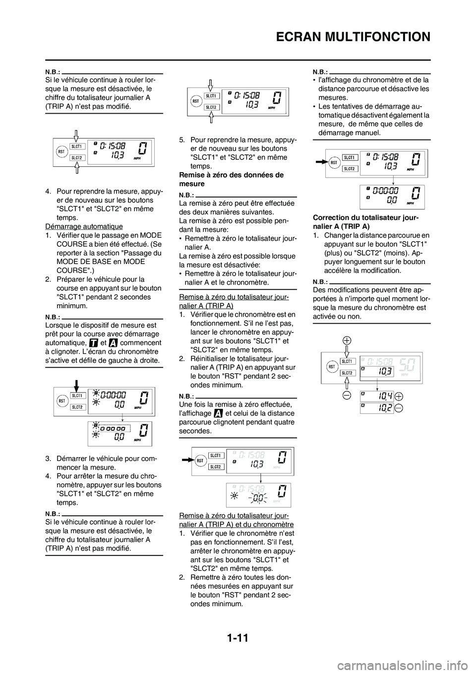 YAMAHA WR 450F 2008 Notices Demploi (in French) 1-11
ECRAN MULTIFONCTION
Si le véhicule continue à rouler lor-
sque la mesure est désactivée, le
chiffre du totalisateur journalier A
(TRIP A) n’est pas modifié.
4. Pour reprendre la mesure, YAMAHA WR 450F 2008 Notices Demploi (in French) 1-11
ECRAN MULTIFONCTION
Si le véhicule continue à rouler lor-
sque la mesure est désactivée, le
chiffre du totalisateur journalier A
(TRIP A) n’est pas modifié.
4. Pour reprendre la mesure,