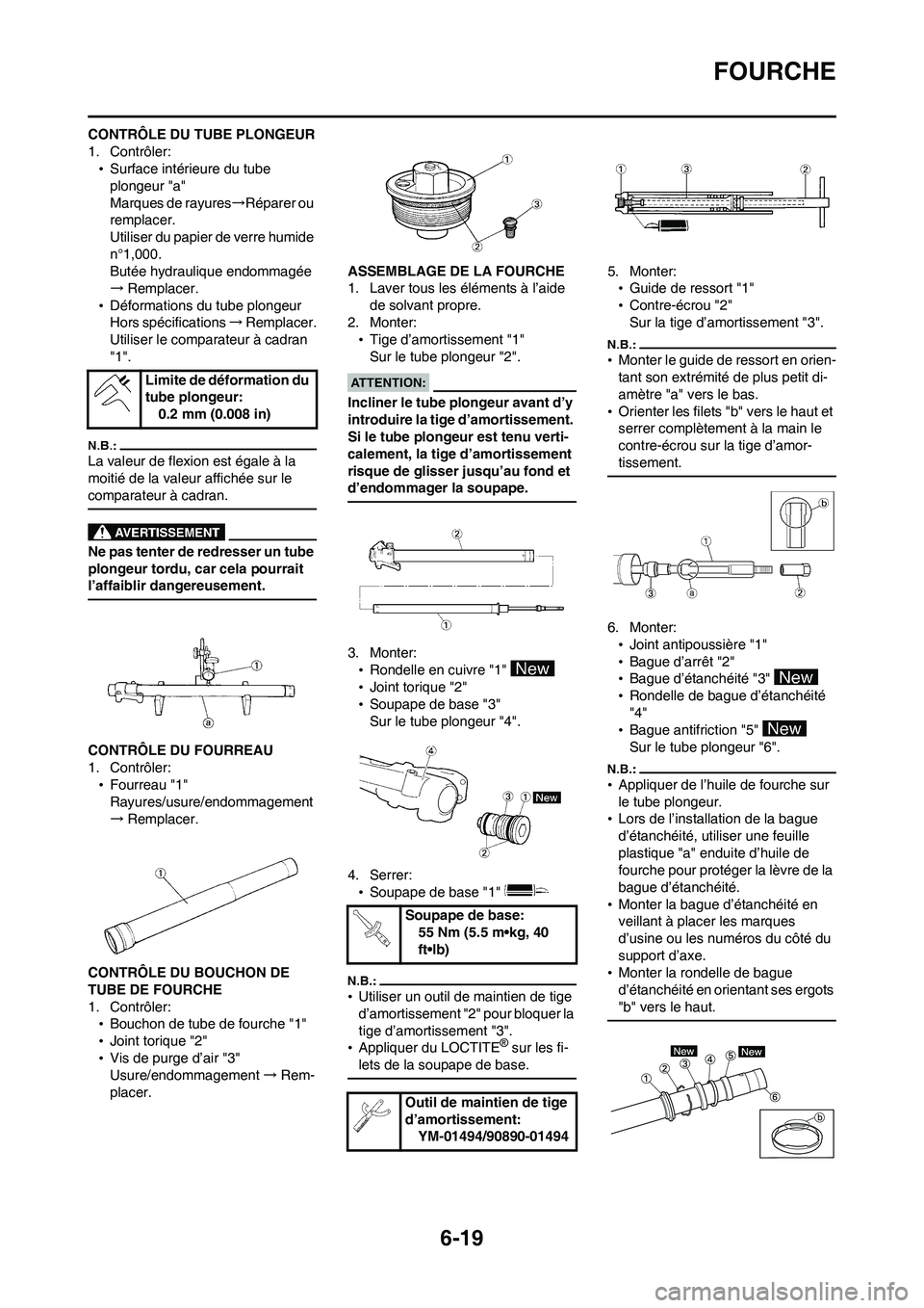 YAMAHA WR 450F 2008 Notices Demploi (in French) 6-19
FOURCHE
CONTRÔLE DU TUBE PLONGEUR
1. Contrôler:
•Surface intérieure du tube
plongeur "a"
Marques de rayures→Réparer ou
remplacer.
Utiliser du papier de verre humide
n°1,000.
Butée hy YAMAHA WR 450F 2008 Notices Demploi (in French) 6-19
FOURCHE
CONTRÔLE DU TUBE PLONGEUR
1. Contrôler:
•Surface intérieure du tube
plongeur "a"
Marques de rayures→Réparer ou
remplacer.
Utiliser du papier de verre humide
n°1,000.
Butée hy