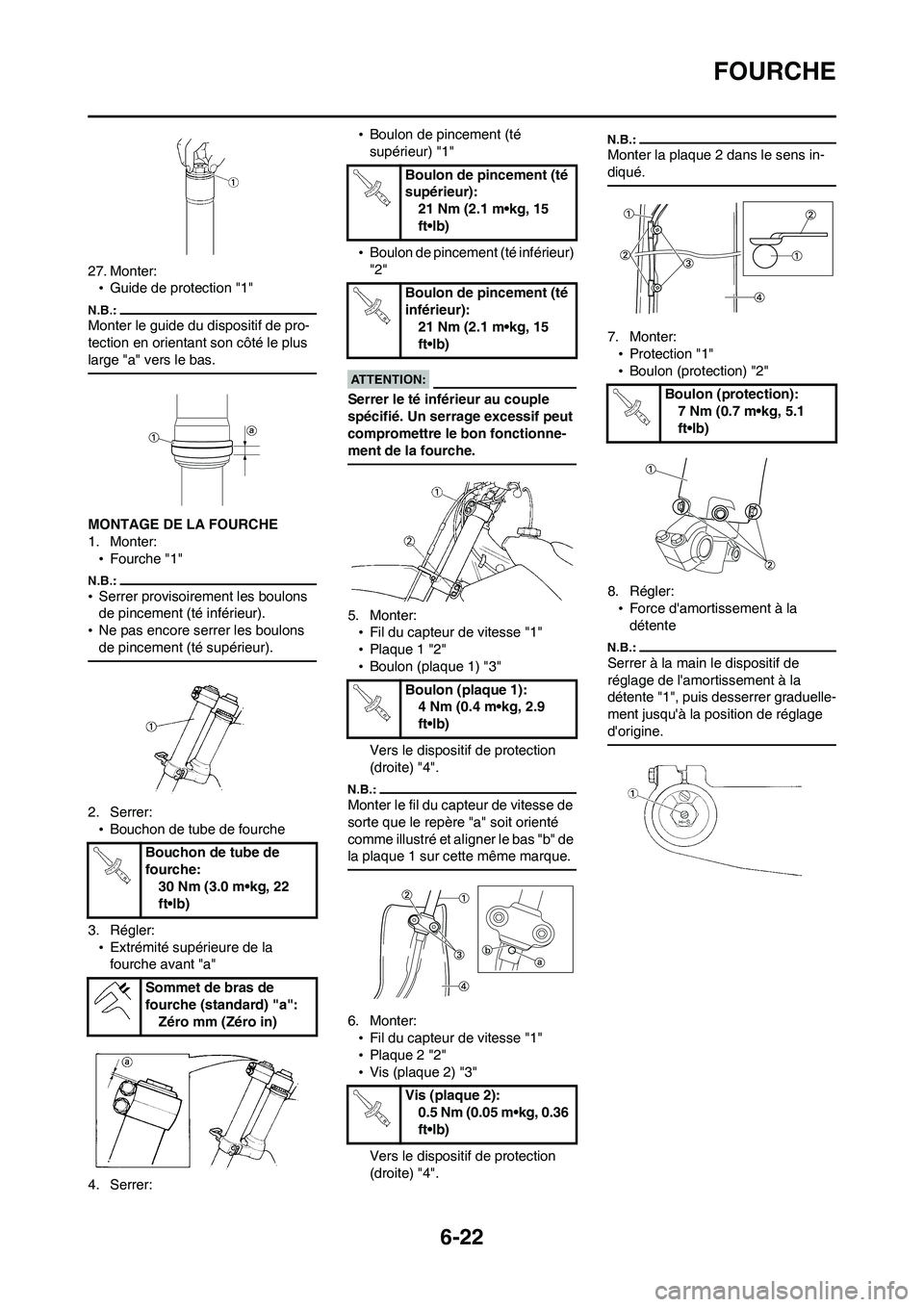 YAMAHA WR 450F 2008 Notices Demploi (in French) 6-22
FOURCHE
27. Monter:
•Guide de protection "1"
Monter le guide du dispositif de pro-
tection en orientant son côté le plus
large "a" vers le bas.
MONTAGE DE LA FOURCHE
1. Monter:
•Fourche " YAMAHA WR 450F 2008 Notices Demploi (in French) 6-22
FOURCHE
27. Monter:
•Guide de protection "1"
Monter le guide du dispositif de pro-
tection en orientant son côté le plus
large "a" vers le bas.
MONTAGE DE LA FOURCHE
1. Monter:
•Fourche "