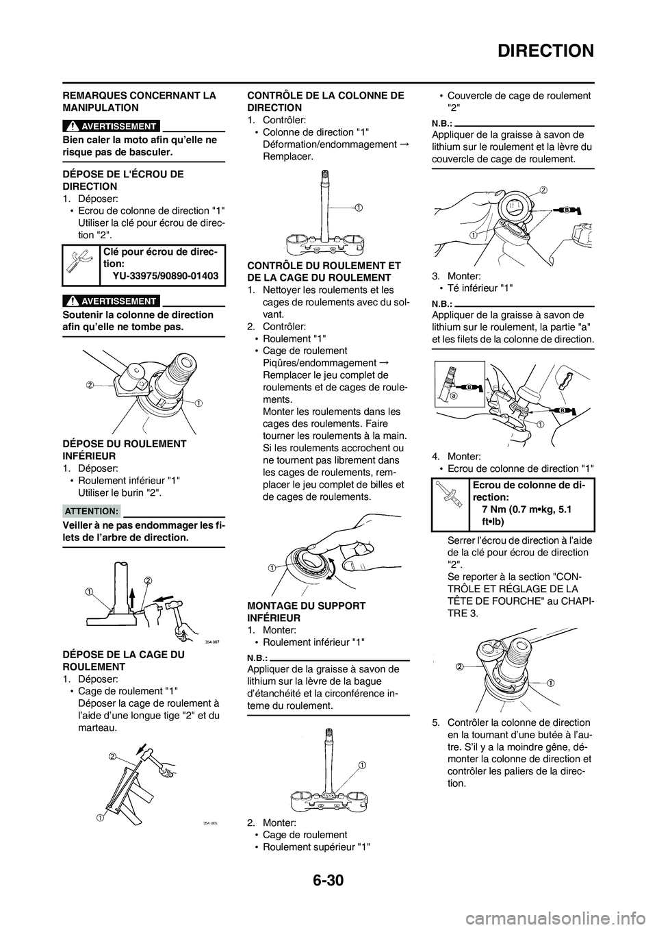 YAMAHA WR 450F 2008 Notices Demploi (in French) 6-30
DIRECTION
REMARQUES CONCERNANT LA
MANIPULATION
Bien caler la moto afin qu’elle ne
risque pas de basculer.
DÉPOSE DE LÉCROU DE
DIRECTION
1. Déposer:
•Ecrou de colonne de direction "1"
U YAMAHA WR 450F 2008 Notices Demploi (in French) 6-30
DIRECTION
REMARQUES CONCERNANT LA
MANIPULATION
Bien caler la moto afin qu’elle ne
risque pas de basculer.
DÉPOSE DE LÉCROU DE
DIRECTION
1. Déposer:
•Ecrou de colonne de direction "1"
U