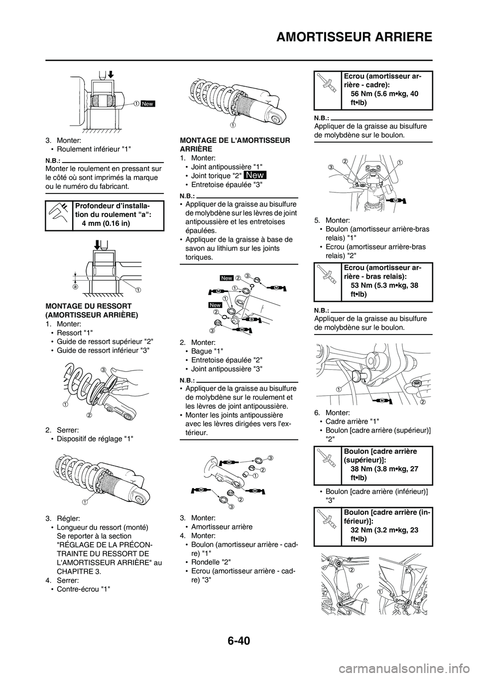 YAMAHA WR 450F 2008 Notices Demploi (in French) 6-40
AMORTISSEUR ARRIERE
3. Monter:
•Roulement inférieur "1"
Monter le roulement en pressant sur
le côté où sont imprimés la marque
ou le numéro du fabricant.
MONTAGE DU RESSORT
(AMORTISSEU YAMAHA WR 450F 2008 Notices Demploi (in French) 6-40
AMORTISSEUR ARRIERE
3. Monter:
•Roulement inférieur "1"
Monter le roulement en pressant sur
le côté où sont imprimés la marque
ou le numéro du fabricant.
MONTAGE DU RESSORT
(AMORTISSEU
