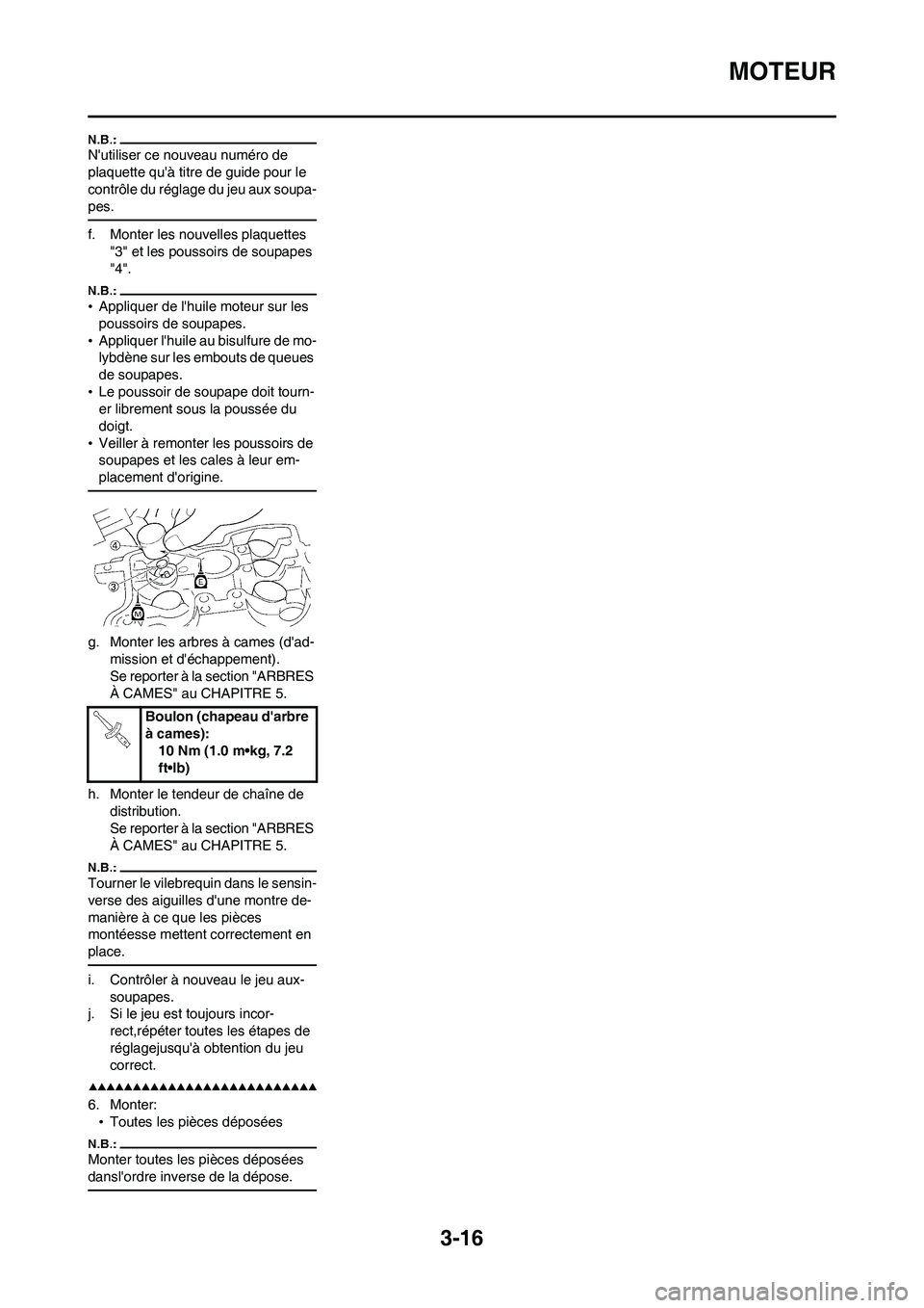 YAMAHA WR 450F 2008 Notices Demploi (in French) 3-16
MOTEUR
Nutiliser ce nouveau numéro de
plaquette quà titre de guide pour le
contrôle du réglage du jeu aux soupa-
pes.
f. Monter les nouvelles plaquettes
"3" et les poussoirs de soupapes YAMAHA WR 450F 2008 Notices Demploi (in French) 3-16
MOTEUR
Nutiliser ce nouveau numéro de
plaquette quà titre de guide pour le
contrôle du réglage du jeu aux soupa-
pes.
f. Monter les nouvelles plaquettes
"3" et les poussoirs de soupapes