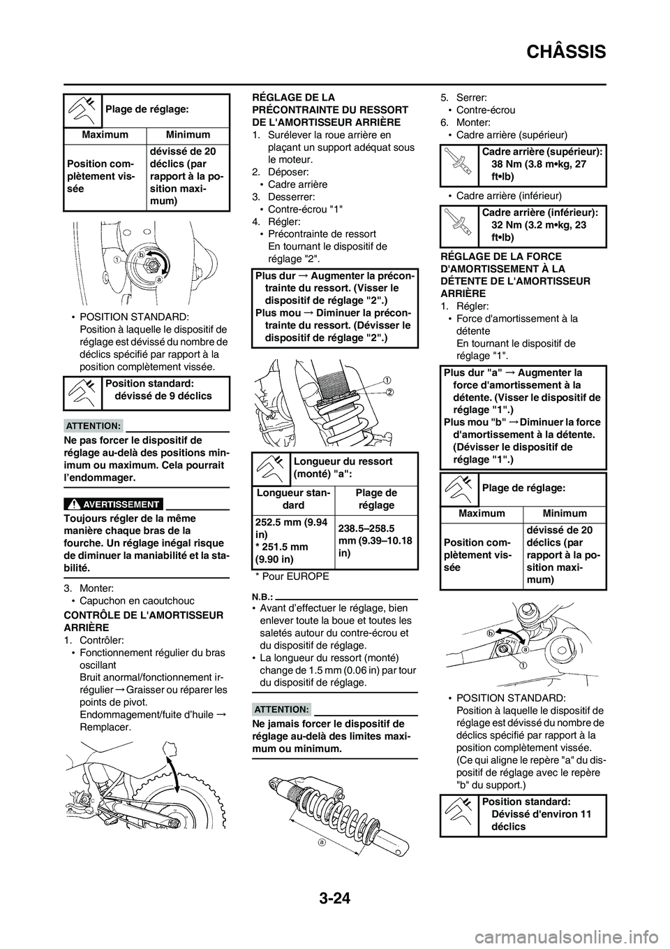 YAMAHA WR 450F 2008 Notices Demploi (in French) 3-24
CHÂSSIS
•POSITION STANDARD:
Position à laquelle le dispositif de
réglage est dévissé du nombre de
déclics spécifié par rapport à la
position complètement vissée.
Ne pas forcer le YAMAHA WR 450F 2008 Notices Demploi (in French) 3-24
CHÂSSIS
•POSITION STANDARD:
Position à laquelle le dispositif de
réglage est dévissé du nombre de
déclics spécifié par rapport à la
position complètement vissée.
Ne pas forcer le