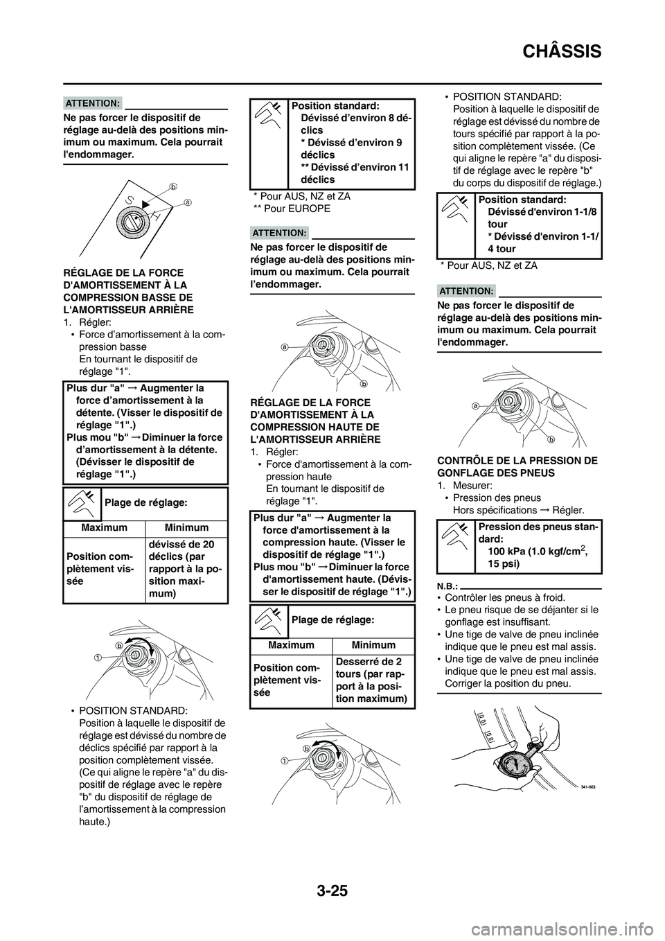 YAMAHA WR 450F 2008 Notices Demploi (in French) 3-25
CHÂSSIS
Ne pas forcer le dispositif de
réglage au-delà des positions min-
imum ou maximum. Cela pourrait
lendommager.
RÉGLAGE DE LA FORCE
DAMORTISSEMENT À LA
COMPRESSION BASSE DE
LAM YAMAHA WR 450F 2008 Notices Demploi (in French) 3-25
CHÂSSIS
Ne pas forcer le dispositif de
réglage au-delà des positions min-
imum ou maximum. Cela pourrait
lendommager.
RÉGLAGE DE LA FORCE
DAMORTISSEMENT À LA
COMPRESSION BASSE DE
LAM