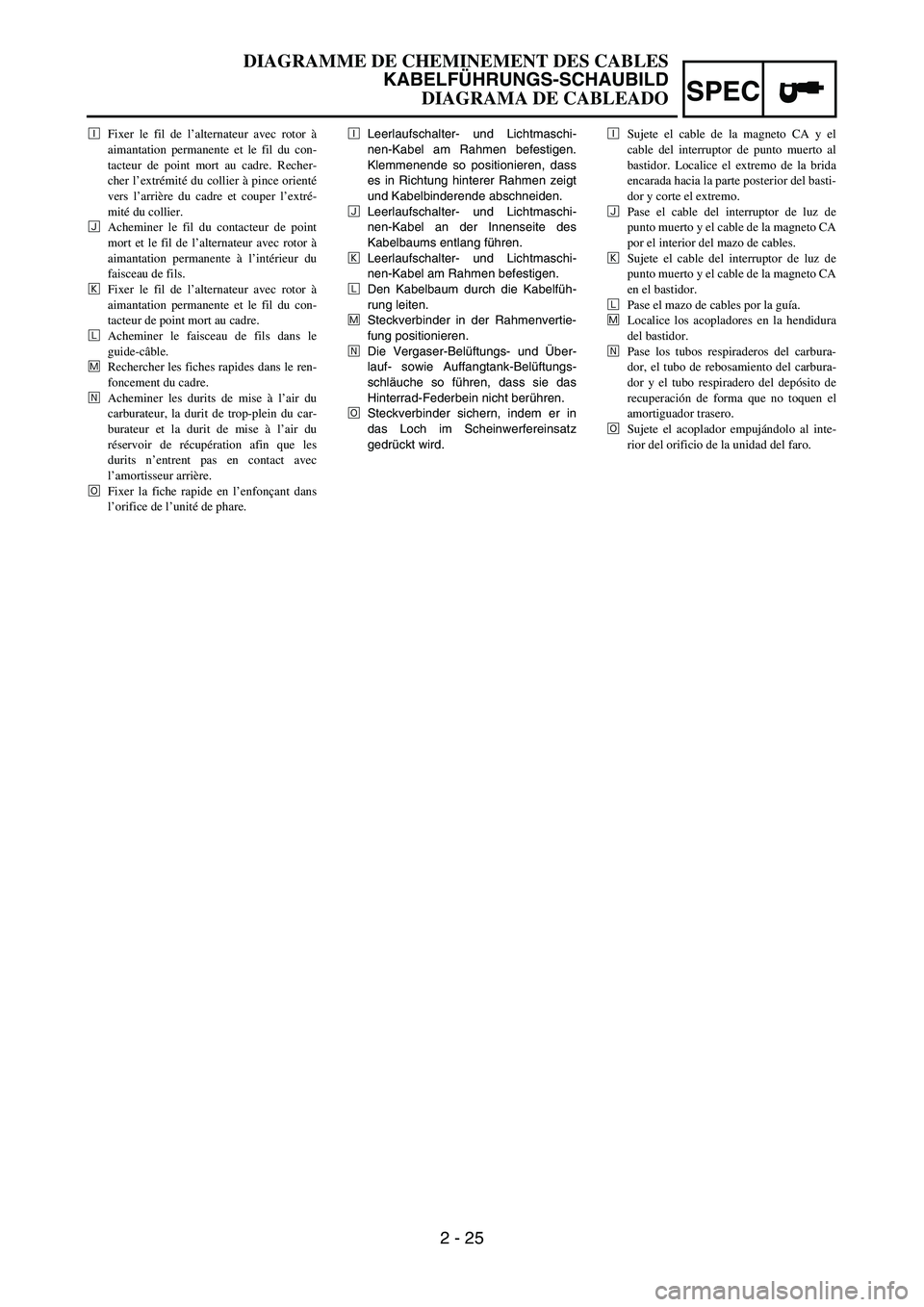 YAMAHA WR 450F 2007 Workshop Manual 2 - 25
SPEC
ÐLeerlaufschalter- und Lichtmaschi-
nen-Kabel am Rahmen befestigen.
Klemmenende so positionieren, dass
es in Richtung hinterer Rahmen zeigt
und Kabelbinderende abschneiden.
ÑLeerlaufscha YAMAHA WR 450F 2007 Workshop Manual 2 - 25
SPEC
ÐLeerlaufschalter- und Lichtmaschi-
nen-Kabel am Rahmen befestigen.
Klemmenende so positionieren, dass
es in Richtung hinterer Rahmen zeigt
und Kabelbinderende abschneiden.
ÑLeerlaufscha