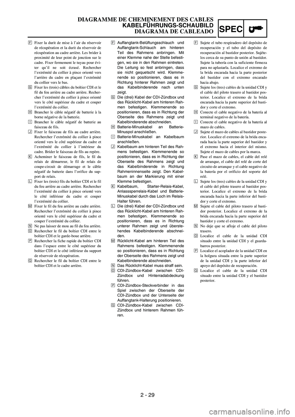 YAMAHA WR 450F 2007 Workshop Manual 2 - 29
SPEC
ÍAuffangtank-Belüftungsschlauch und
Auffangtank-Schlauch am hinteren
Teil des Rahmens anbringen. Mit
einer Klemme nahe der Stelle befesti-
gen, wo sie in den Rahmen eintreten.
Die Leitun YAMAHA WR 450F 2007 Workshop Manual 2 - 29
SPEC
ÍAuffangtank-Belüftungsschlauch und
Auffangtank-Schlauch am hinteren
Teil des Rahmens anbringen. Mit
einer Klemme nahe der Stelle befesti-
gen, wo sie in den Rahmen eintreten.
Die Leitun