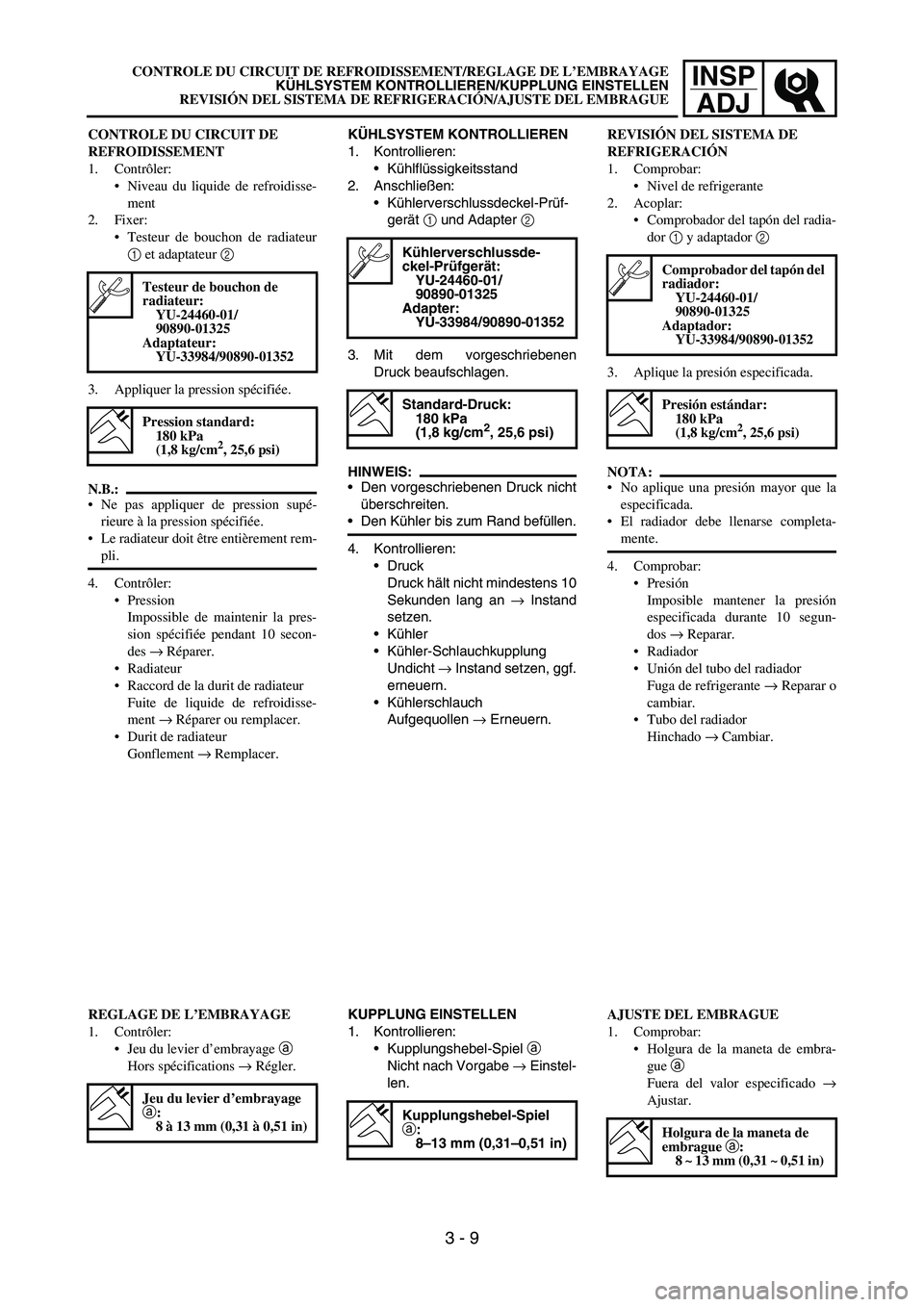 YAMAHA WR 450F 2007 Repair Manual INSP
ADJ
CONTROLE DU CIRCUIT DE
REFROIDISSEMENT
1. Contrôler:
Niveau du liquide de refroidisse-
ment
2. Fixer:
Testeur de bouchon de radiateur
1 et adaptateur 2
3. Appliquer la pression spécifié YAMAHA WR 450F 2007 Repair Manual INSP
ADJ
CONTROLE DU CIRCUIT DE
REFROIDISSEMENT
1. Contrôler:
Niveau du liquide de refroidisse-
ment
2. Fixer:
Testeur de bouchon de radiateur
1 et adaptateur 2
3. Appliquer la pression spécifié
