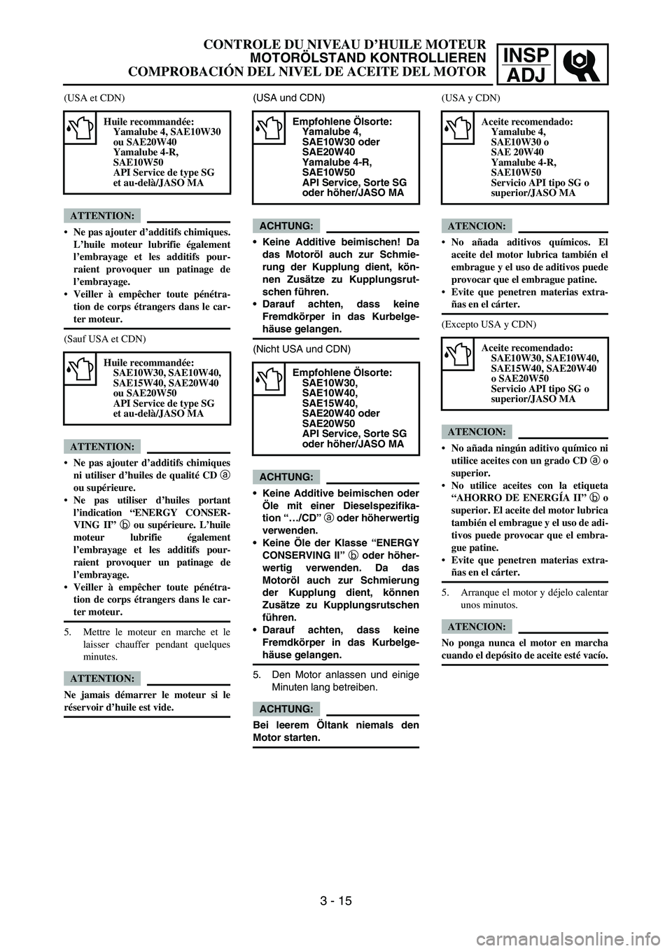 YAMAHA WR 450F 2007  Betriebsanleitungen (in German) INSP
ADJ
(USA et CDN)
ATTENTION:
Ne pas ajouter d’additifs chimiques.
L’huile moteur lubrifie également
l’embrayage et les additifs pour-
raient provoquer un patinage de
l’embrayage.
Veille