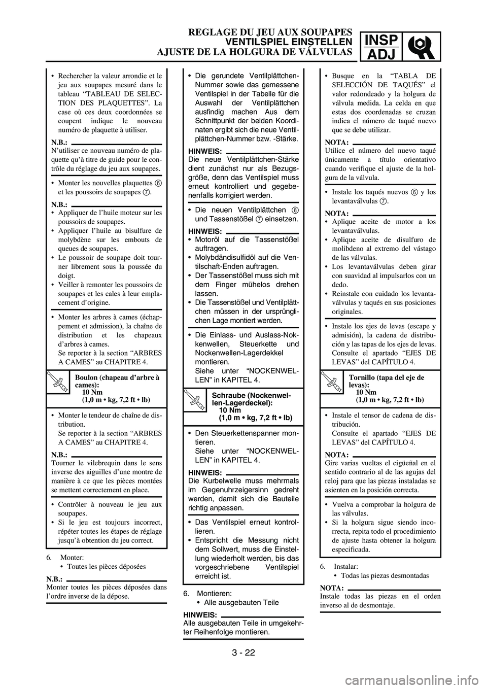 YAMAHA WR 450F 2007 Manual PDF INSP
ADJ
6. Monter:
Toutes les pièces déposées
N.B.:
Monter toutes les pièces déposées dans
l’ordre inverse de la dépose. Rechercher la valeur arrondie et le
jeu aux soupapes mesuré dans l YAMAHA WR 450F 2007 Manual PDF INSP
ADJ
6. Monter:
Toutes les pièces déposées
N.B.:
Monter toutes les pièces déposées dans
l’ordre inverse de la dépose. Rechercher la valeur arrondie et le
jeu aux soupapes mesuré dans l