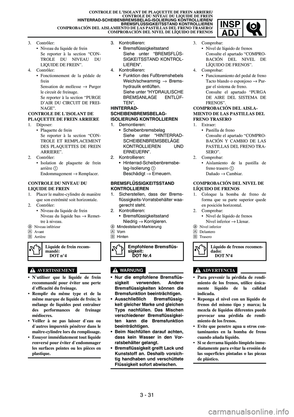 YAMAHA WR 450F 2007 Manual PDF INSP
ADJ
3. Contrôler:
Niveau du liquide de frein
Se reporter à la section “CON-
TROLE DU NIVEAU DU
LIQUIDE DE FREIN”.
4. Contrôler:
Fonctionnement de la pédale de
frein
Sensation de molless YAMAHA WR 450F 2007 Manual PDF INSP
ADJ
3. Contrôler:
Niveau du liquide de frein
Se reporter à la section “CON-
TROLE DU NIVEAU DU
LIQUIDE DE FREIN”.
4. Contrôler:
Fonctionnement de la pédale de
frein
Sensation de molless