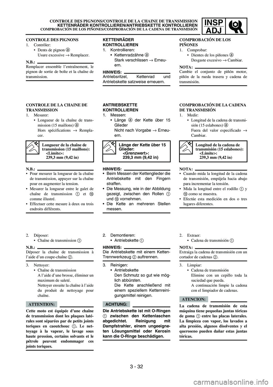YAMAHA WR 450F 2007 Manual PDF INSP
ADJ
CONTROLE DES PIGNONS
1. Contrôler:
Dents de pignon a
Usure excessive → Remplacer.
N.B.:
Remplacer ensemble l’entraînement, le
pignon de sortie de boîte et la chaîne de
transmission.
YAMAHA WR 450F 2007 Manual PDF INSP
ADJ
CONTROLE DES PIGNONS
1. Contrôler:
Dents de pignon a
Usure excessive → Remplacer.
N.B.:
Remplacer ensemble l’entraînement, le
pignon de sortie de boîte et la chaîne de
transmission.