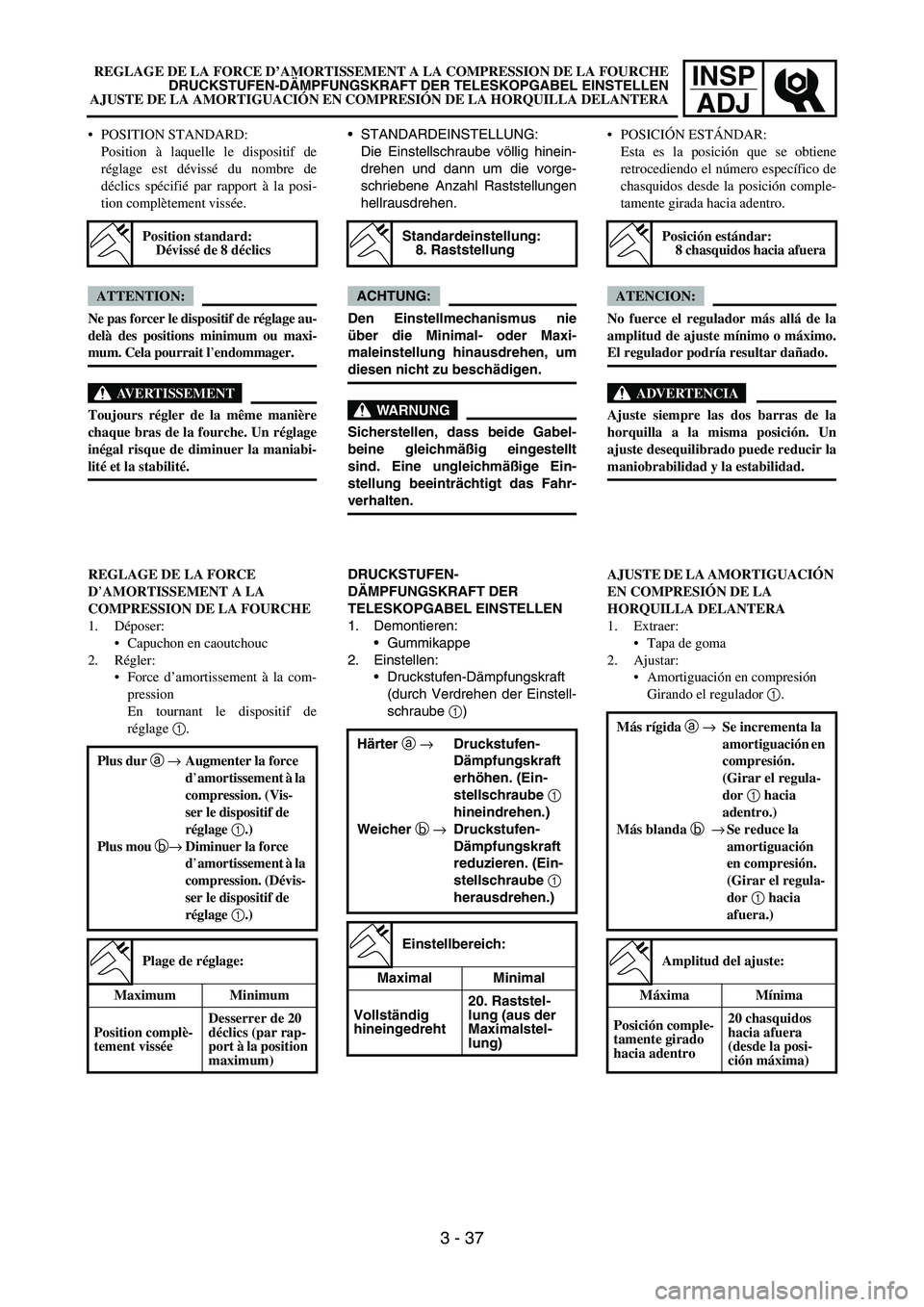 YAMAHA WR 450F 2007 Manual Online INSP
ADJ
POSITION STANDARD:
Position à laquelle le dispositif de
réglage est dévissé du nombre de
déclics spécifié par rapport à la posi-
tion complètement vissée.
ATTENTION:
Ne pas forcer YAMAHA WR 450F 2007 Manual Online INSP
ADJ
POSITION STANDARD:
Position à laquelle le dispositif de
réglage est dévissé du nombre de
déclics spécifié par rapport à la posi-
tion complètement vissée.
ATTENTION:
Ne pas forcer