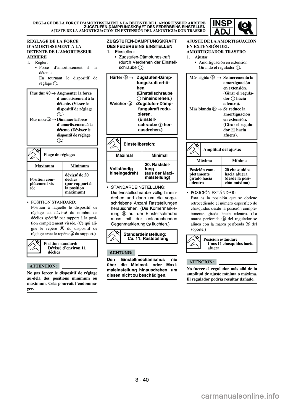 YAMAHA WR 450F 2007 Manual Online INSP
ADJ
REGLAGE DE LA FORCE
D’AMORTISSEMENT A LA
DETENTE DE L’AMORTISSEUR
ARRIERE
1. Régler:
Force d’amortissement à la
détente
En tournant le dispositif de
réglage 1.
POSITION STANDAR YAMAHA WR 450F 2007 Manual Online INSP
ADJ
REGLAGE DE LA FORCE
D’AMORTISSEMENT A LA
DETENTE DE L’AMORTISSEUR
ARRIERE
1. Régler:
Force d’amortissement à la
détente
En tournant le dispositif de
réglage 1.
POSITION STANDAR