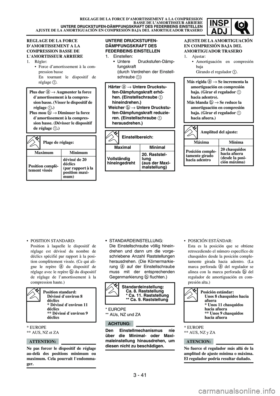 YAMAHA WR 450F 2007 Manual Online INSP
ADJ
REGLAGE DE LA FORCE
D’AMORTISSEMENT A LA
COMPRESSION BASSE DE
L’AMORTISSEUR ARRIERE
1. Régler:
Force d’amortissement à la com-
pression basse
En tournant le dispositif de
réglage YAMAHA WR 450F 2007 Manual Online INSP
ADJ
REGLAGE DE LA FORCE
D’AMORTISSEMENT A LA
COMPRESSION BASSE DE
L’AMORTISSEUR ARRIERE
1. Régler:
Force d’amortissement à la com-
pression basse
En tournant le dispositif de
réglage