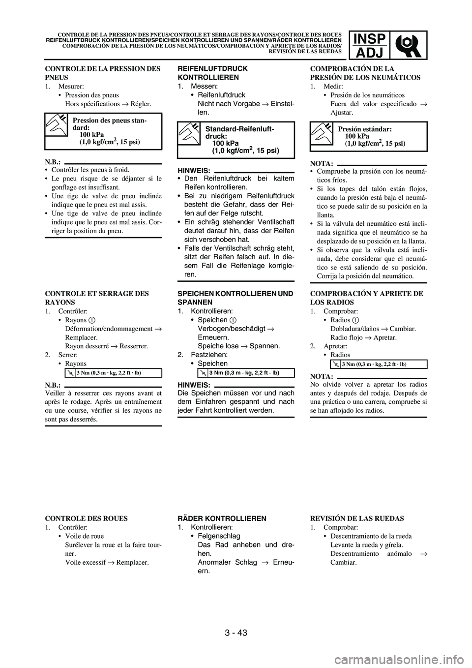 YAMAHA WR 450F 2007 Manual Online INSP
ADJ
CONTROLE DE LA PRESSION DES
PNEUS
1. Mesurer:
Pression des pneus
Hors spécifications → Régler.
N.B.:
Contrôler les pneus à froid.
Le pneu risque de se déjanter si le
gonflage est i YAMAHA WR 450F 2007 Manual Online INSP
ADJ
CONTROLE DE LA PRESSION DES
PNEUS
1. Mesurer:
Pression des pneus
Hors spécifications → Régler.
N.B.:
Contrôler les pneus à froid.
Le pneu risque de se déjanter si le
gonflage est i