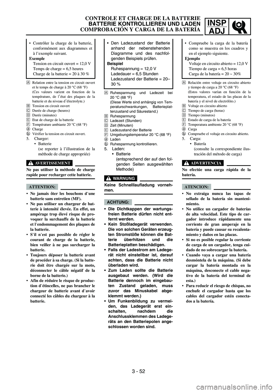 YAMAHA WR 450F 2007 Owners Manual INSP
ADJ
ÈRelation entre la tension en circuit ouvert
et le temps de charge à 20 °C (68 °F)
(Ces valeurs varient en fonction de la
température, de l
’état des plaques de la
batterie et du nive YAMAHA WR 450F 2007 Owners Manual INSP
ADJ
ÈRelation entre la tension en circuit ouvert
et le temps de charge à 20 °C (68 °F)
(Ces valeurs varient en fonction de la
température, de l
’état des plaques de la
batterie et du nive
