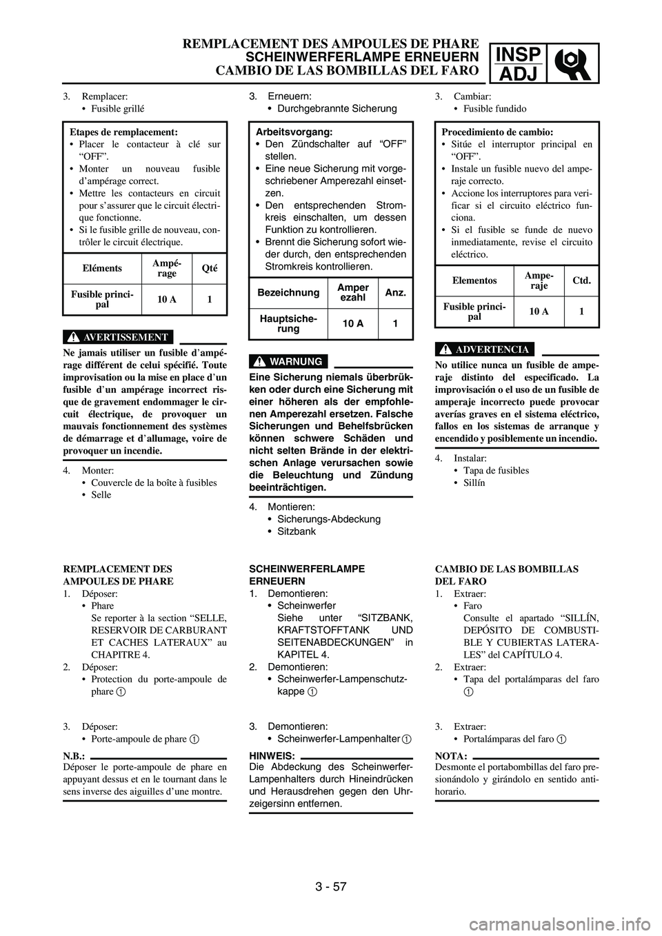 YAMAHA WR 450F 2007 Owners Manual INSP
ADJ
3. Remplacer:
Fusible grillé
AVERTISSEMENT
Ne jamais utiliser un fusible d’ampé-
rage différent de celui spécifié. Toute
improvisation ou la mise en place d’un
fusible d’un ampé YAMAHA WR 450F 2007 Owners Manual INSP
ADJ
3. Remplacer:
Fusible grillé
AVERTISSEMENT
Ne jamais utiliser un fusible d’ampé-
rage différent de celui spécifié. Toute
improvisation ou la mise en place d’un
fusible d’un ampé
