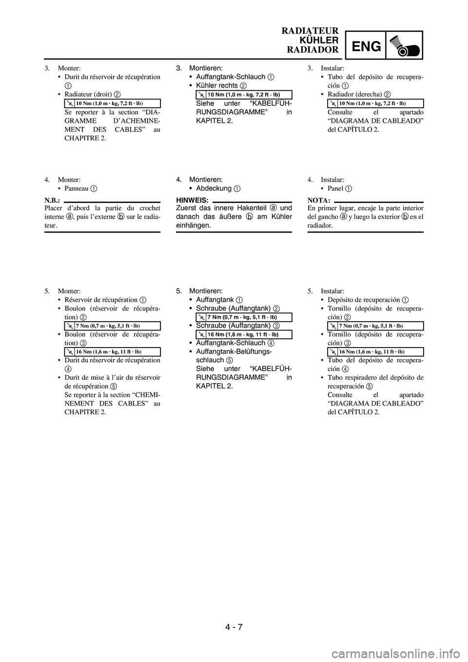 YAMAHA WR 450F 2007 Owners Manual ENG
4 - 7
3. Montieren:
Auffangtank-Schlauch
1
Kühler rechts
2
Siehe unter “KABELFÜH-
RUNGSDIAGRAMME” in
KAPITEL 2.
T R..10 Nm (1,0 m · kg, 7,2 ft · lb)
4. Montieren:
Abdeckung
1
HINW YAMAHA WR 450F 2007 Owners Manual ENG
4 - 7
3. Montieren:
Auffangtank-Schlauch
1
Kühler rechts
2
Siehe unter “KABELFÜH-
RUNGSDIAGRAMME” in
KAPITEL 2.
T R..10 Nm (1,0 m · kg, 7,2 ft · lb)
4. Montieren:
Abdeckung
1
HINW