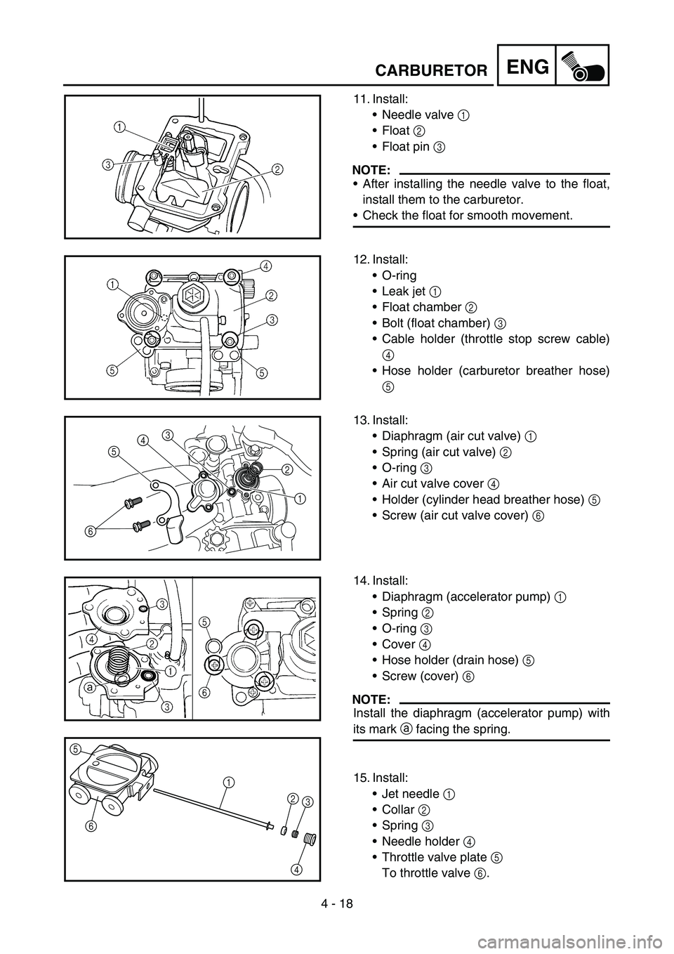 YAMAHA WR 450F 2007 Owners Manual 4 - 18
ENGCARBURETOR
11. Install:
Needle valve 1
Float 2
Float pin 3
NOTE:
After installing the needle valve to the float,
install them to the carburetor.
Check the float for smooth movement.
YAMAHA WR 450F 2007 Owners Manual 4 - 18
ENGCARBURETOR
11. Install:
Needle valve 1
Float 2
Float pin 3
NOTE:
After installing the needle valve to the float,
install them to the carburetor.
Check the float for smooth movement.