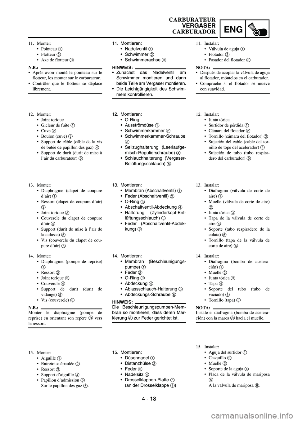 YAMAHA WR 450F 2007 Owners Manual ENG
4 - 18
11. Montieren:
Nadelventil
1
Schwimmer
2
Schwimmerachse
3
HINWEIS:
Zunächst das Nadelventil am
Schwimmer montieren und dann
beide Teile am Vergaser montieren.
Die Leichtgängigk YAMAHA WR 450F 2007 Owners Manual ENG
4 - 18
11. Montieren:
Nadelventil
1
Schwimmer
2
Schwimmerachse
3
HINWEIS:
Zunächst das Nadelventil am
Schwimmer montieren und dann
beide Teile am Vergaser montieren.
Die Leichtgängigk