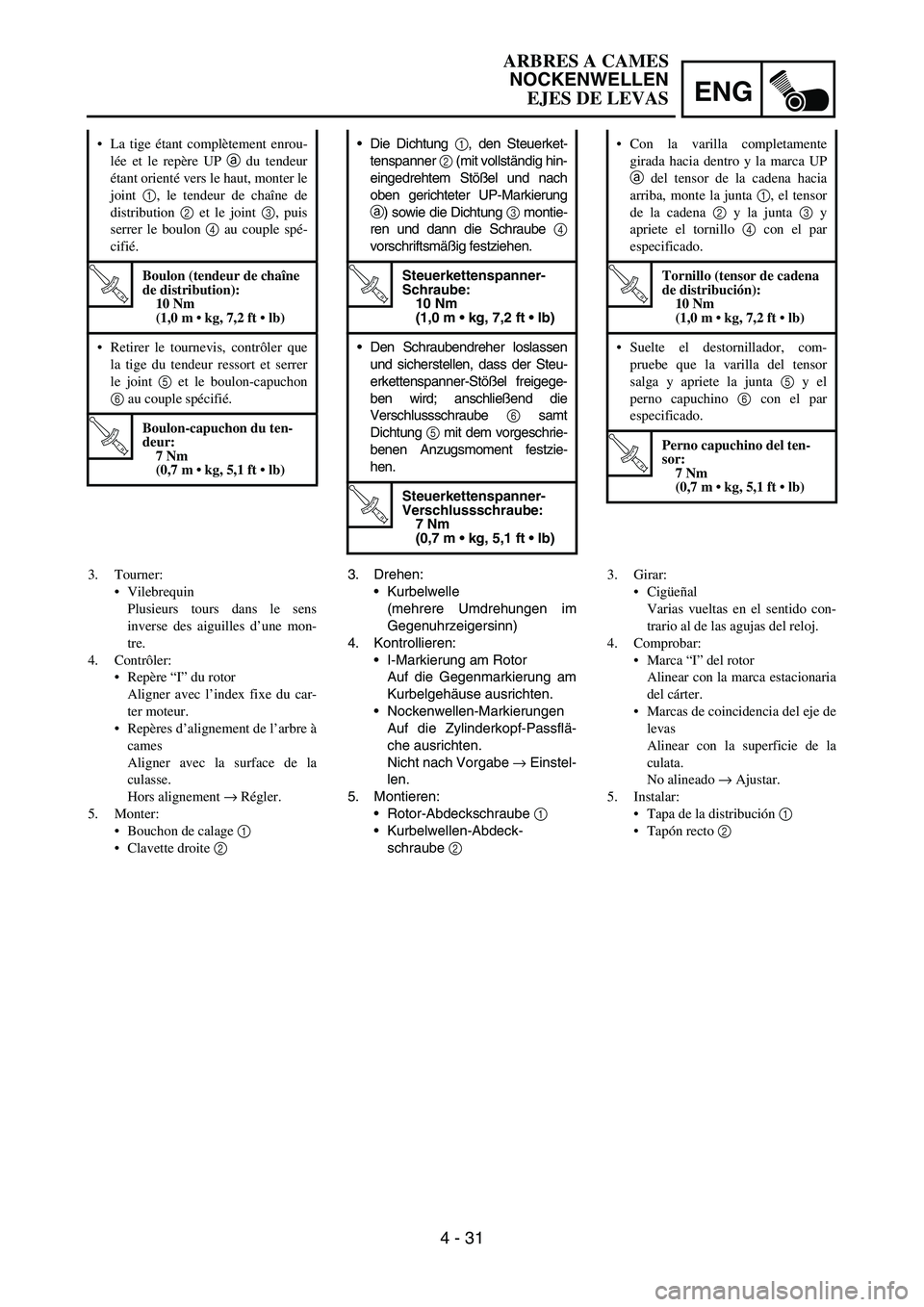 YAMAHA WR 450F 2007 Owners Manual ENG
4 - 31
Die Dichtung
1, den Steuerket-
tenspanner
2 (mit vollständig hin-
eingedrehtem Stößel und nach
oben gerichteter UP-Markierung
a) sowie die Dichtung
3 montie-
ren und dann die Schraub YAMAHA WR 450F 2007 Owners Manual ENG
4 - 31
Die Dichtung
1, den Steuerket-
tenspanner
2 (mit vollständig hin-
eingedrehtem Stößel und nach
oben gerichteter UP-Markierung
a) sowie die Dichtung
3 montie-
ren und dann die Schraub