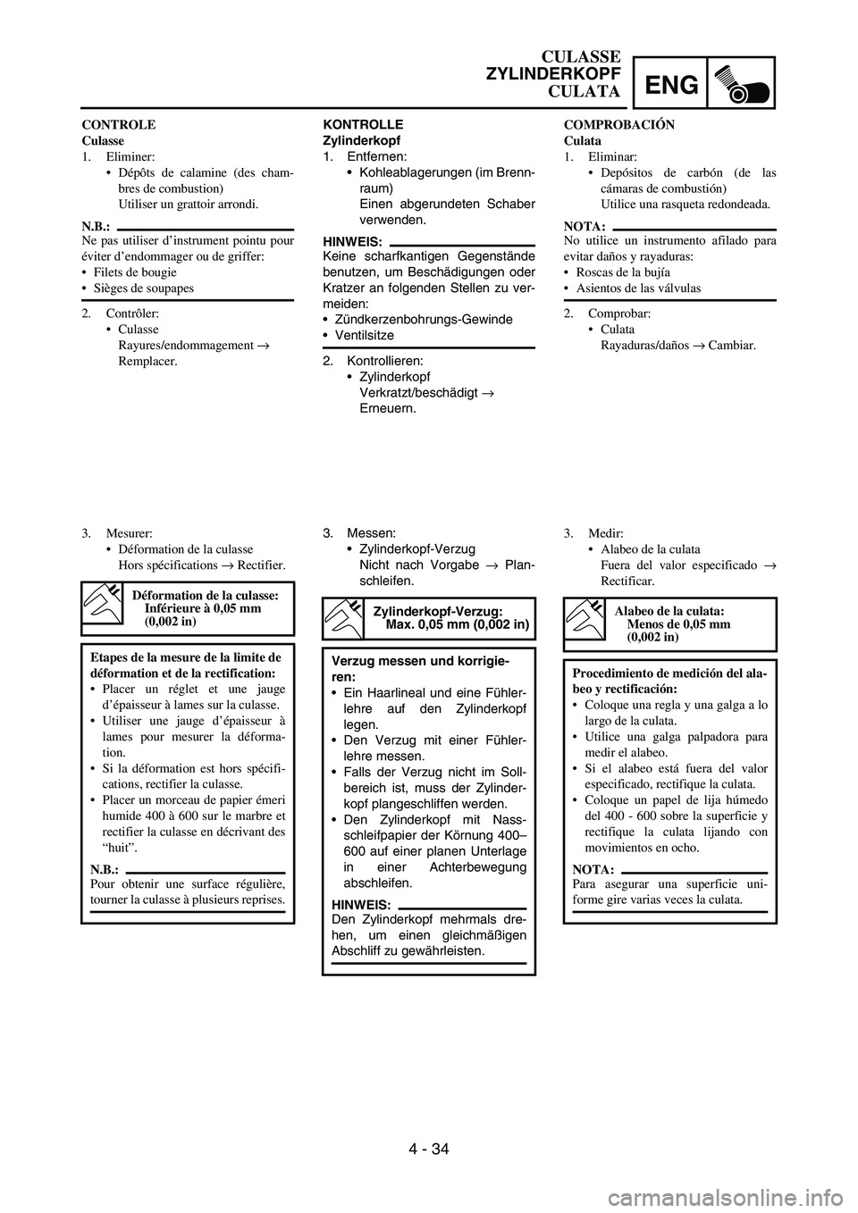 YAMAHA WR 450F 2007 Owners Manual ENG
4 - 34
KONTROLLE
Zylinderkopf
1. Entfernen:
Kohleablagerungen (im Brenn-
raum)
Einen abgerundeten Schaber
verwenden.
HINWEIS:
Keine scharfkantigen Gegenstände
benutzen, um Beschädigungen oder
K YAMAHA WR 450F 2007 Owners Manual ENG
4 - 34
KONTROLLE
Zylinderkopf
1. Entfernen:
Kohleablagerungen (im Brenn-
raum)
Einen abgerundeten Schaber
verwenden.
HINWEIS:
Keine scharfkantigen Gegenstände
benutzen, um Beschädigungen oder
K