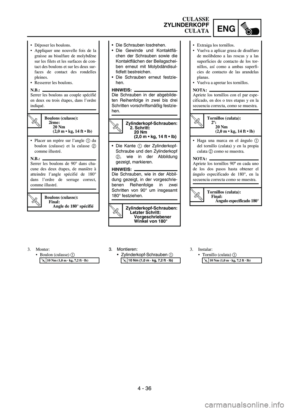 YAMAHA WR 450F 2007 Owners Manual ENG
4 - 36
Die Schrauben losdrehen.
Die Gewinde und Kontaktflä-
chen der Schrauben sowie die
Kontaktflächen der Beilagschei-
ben erneut mit Molybdändisul-
fidfett bestreichen.
Die Schrauben erne YAMAHA WR 450F 2007 Owners Manual ENG
4 - 36
Die Schrauben losdrehen.
Die Gewinde und Kontaktflä-
chen der Schrauben sowie die
Kontaktflächen der Beilagschei-
ben erneut mit Molybdändisul-
fidfett bestreichen.
Die Schrauben erne