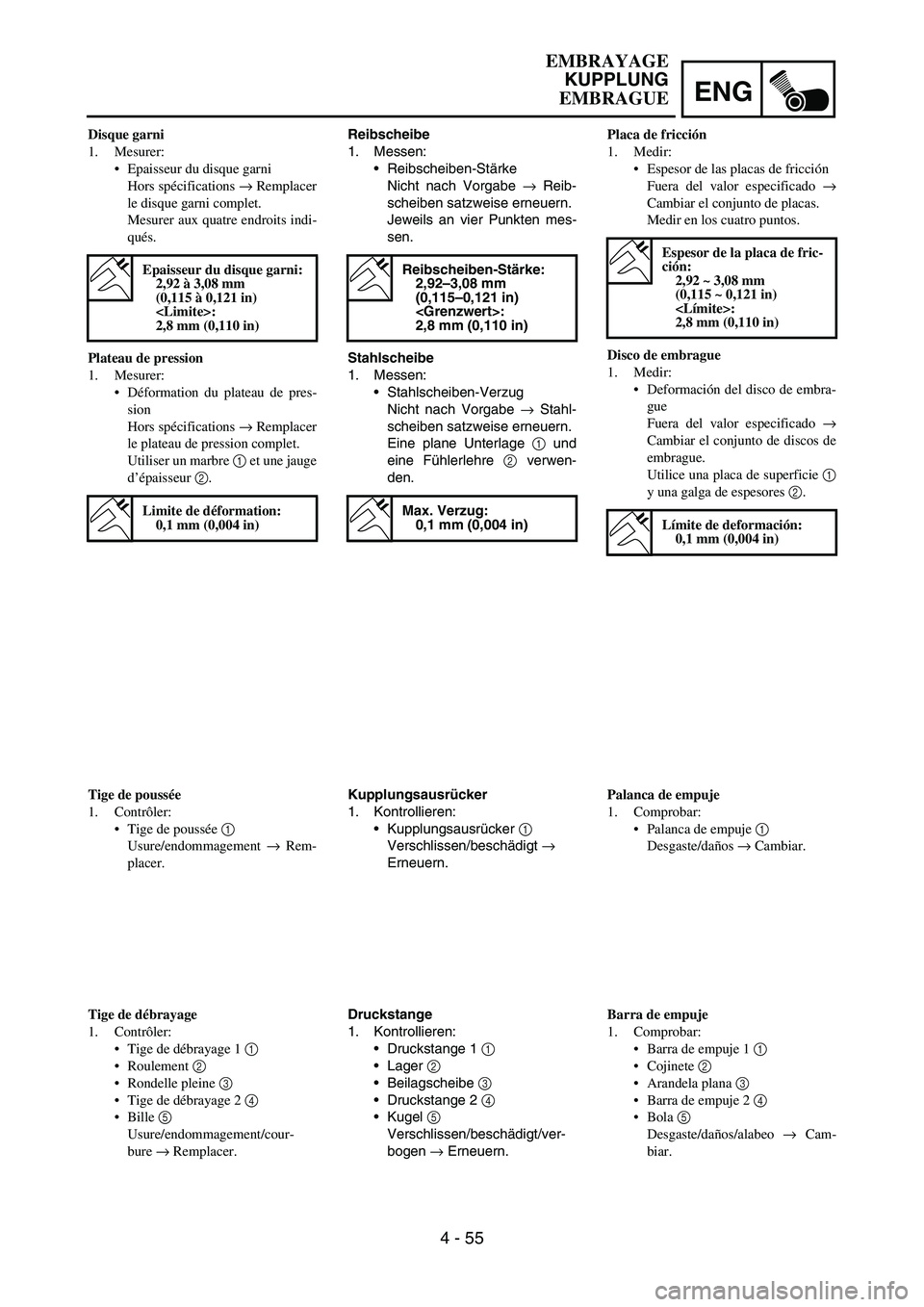 YAMAHA WR 450F 2007  Owners Manual ENG
4 - 55
Reibscheibe
1. Messen:
Reibscheiben-Stärke
Nicht nach Vorgabe 
→ Reib-
scheiben satzweise erneuern.
Jeweils an vier Punkten mes-
sen.
Stahlscheibe
1. Messen:
Stahlscheiben-Verzug
Nicht