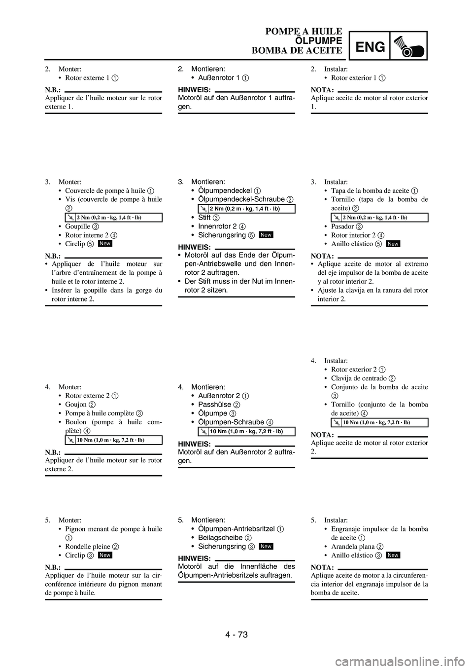 YAMAHA WR 450F 2007 Owners Manual ENG
4 - 73
2. Montieren:
Außenrotor 1
1
HINWEIS:
Motoröl auf den Außenrotor 1 auftra-
gen.
3. Montieren:
Ölpumpendeckel
1
Ölpumpendeckel-Schraube
2
Stift
3
Innenrotor 2
4
Sicherun YAMAHA WR 450F 2007 Owners Manual ENG
4 - 73
2. Montieren:
Außenrotor 1
1
HINWEIS:
Motoröl auf den Außenrotor 1 auftra-
gen.
3. Montieren:
Ölpumpendeckel
1
Ölpumpendeckel-Schraube
2
Stift
3
Innenrotor 2
4
Sicherun