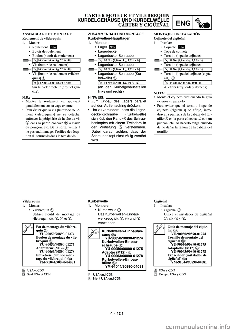 YAMAHA WR 450F 2007 Owners Manual ENG
4 - 101
ZUSAMMENBAU UND MONTAGE
Kurbelwellen-Hauptlager
1. Montieren:
Lager
Lagerdeckel
Lagerdeckel-Schraube
Lagerdeckel-Schraube
Lagerdeckel-Schraube (Kur-
belwelle)
1
(an den Kurbelgehäus YAMAHA WR 450F 2007 Owners Manual ENG
4 - 101
ZUSAMMENBAU UND MONTAGE
Kurbelwellen-Hauptlager
1. Montieren:
Lager
Lagerdeckel
Lagerdeckel-Schraube
Lagerdeckel-Schraube
Lagerdeckel-Schraube (Kur-
belwelle)
1
(an den Kurbelgehäus