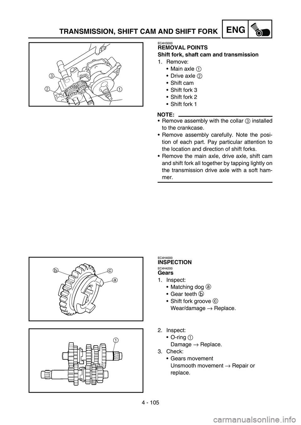 YAMAHA WR 450F 2007 Owners Manual 4 - 105
ENGTRANSMISSION, SHIFT CAM AND SHIFT FORK
EC4H3000
REMOVAL POINTS
Shift fork, shaft cam and transmission
1. Remove:
Main axle 1
Drive axle 2
Shift cam
Shift fork 3
Shift fork 2
Shift YAMAHA WR 450F 2007 Owners Manual 4 - 105
ENGTRANSMISSION, SHIFT CAM AND SHIFT FORK
EC4H3000
REMOVAL POINTS
Shift fork, shaft cam and transmission
1. Remove:
Main axle 1
Drive axle 2
Shift cam
Shift fork 3
Shift fork 2
Shift