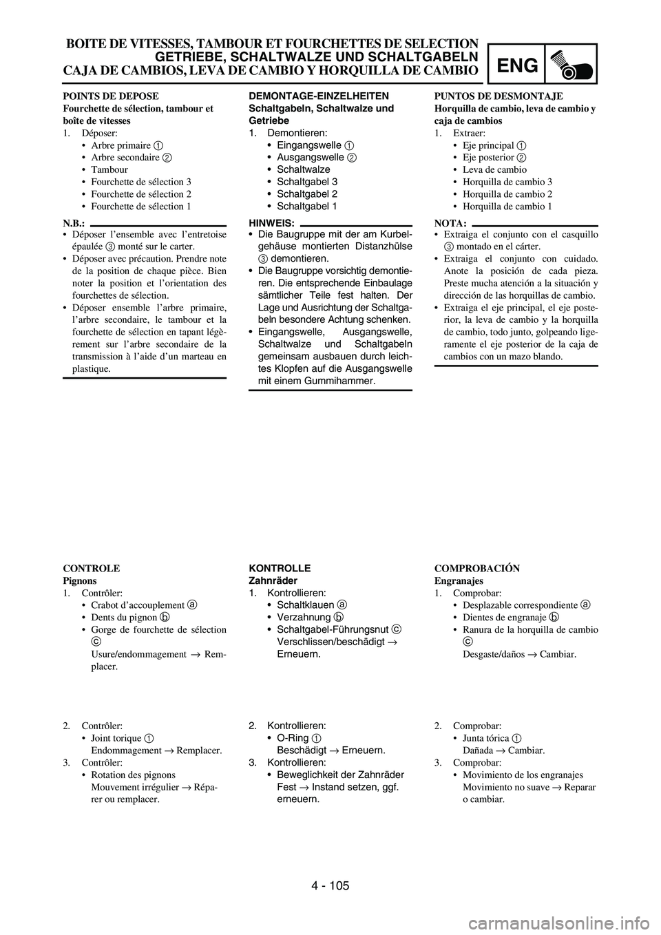 YAMAHA WR 450F 2007 Owners Manual ENG
4 - 105
DEMONTAGE-EINZELHEITEN
Schaltgabeln, Schaltwalze und
Getriebe
1. Demontieren:
Eingangswelle
1
Ausgangswelle
2
Schaltwalze
Schaltgabel 3
Schaltgabel 2
Schaltgabel 1
HINWEIS:
Die YAMAHA WR 450F 2007 Owners Manual ENG
4 - 105
DEMONTAGE-EINZELHEITEN
Schaltgabeln, Schaltwalze und
Getriebe
1. Demontieren:
Eingangswelle
1
Ausgangswelle
2
Schaltwalze
Schaltgabel 3
Schaltgabel 2
Schaltgabel 1
HINWEIS:
Die