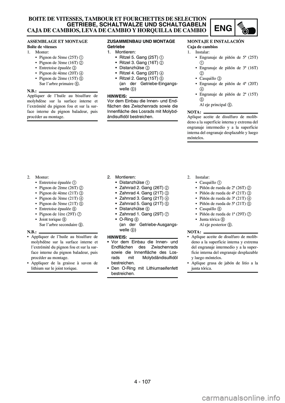 YAMAHA WR 450F 2007 Owners Manual ENG
4 - 107
ZUSAMMENBAU UND MONTAGE
Getriebe
1. Montieren:
Ritzel 5. Gang (25T)
1
Ritzel 3. Gang (16T)
2
Distanzhülse
3
Ritzel 4. Gang (20T)
4
Ritzel 2. Gang (15T)
5
(an der Getriebe-E YAMAHA WR 450F 2007 Owners Manual ENG
4 - 107
ZUSAMMENBAU UND MONTAGE
Getriebe
1. Montieren:
Ritzel 5. Gang (25T)
1
Ritzel 3. Gang (16T)
2
Distanzhülse
3
Ritzel 4. Gang (20T)
4
Ritzel 2. Gang (15T)
5
(an der Getriebe-E