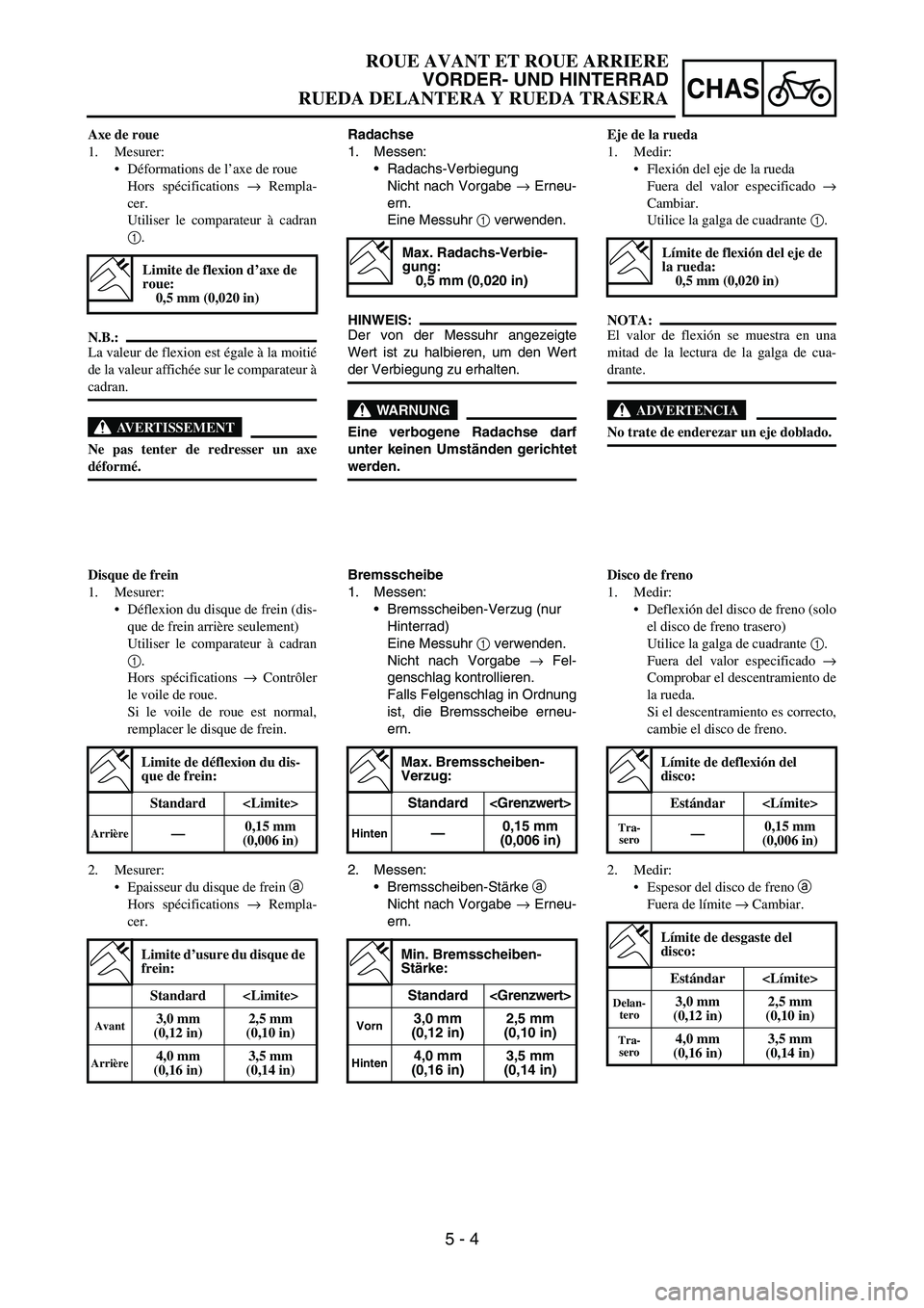 YAMAHA WR 450F 2007 Owners Manual 5 - 4
CHAS
Radachse
1. Messen:
Radachs-Verbiegung
Nicht nach Vorgabe
→ Erneu-
ern.
Eine Messuhr
1 verwenden.
HINWEIS:
Der von der Messuhr angezeigte
Wert ist zu halbieren, um den Wert
der Verbieg YAMAHA WR 450F 2007 Owners Manual 5 - 4
CHAS
Radachse
1. Messen:
Radachs-Verbiegung
Nicht nach Vorgabe
→ Erneu-
ern.
Eine Messuhr
1 verwenden.
HINWEIS:
Der von der Messuhr angezeigte
Wert ist zu halbieren, um den Wert
der Verbieg
