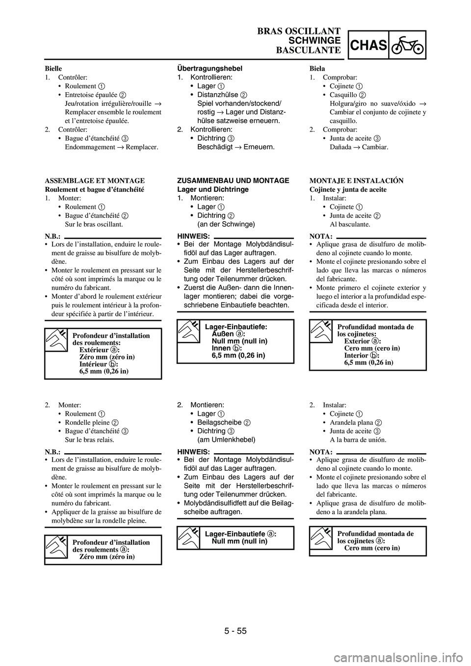 YAMAHA WR 450F 2007 Owners Manual 5 - 55
CHAS
Übertragungshebel
1. Kontrollieren:
Lager
1
Distanzhülse
2
Spiel vorhanden/stockend/
rostig
→ Lager und Distanz-
hülse satzweise erneuern.
2. Kontrollieren:
Dichtring
3
Besc YAMAHA WR 450F 2007 Owners Manual 5 - 55
CHAS
Übertragungshebel
1. Kontrollieren:
Lager
1
Distanzhülse
2
Spiel vorhanden/stockend/
rostig
→ Lager und Distanz-
hülse satzweise erneuern.
2. Kontrollieren:
Dichtring
3
Besc