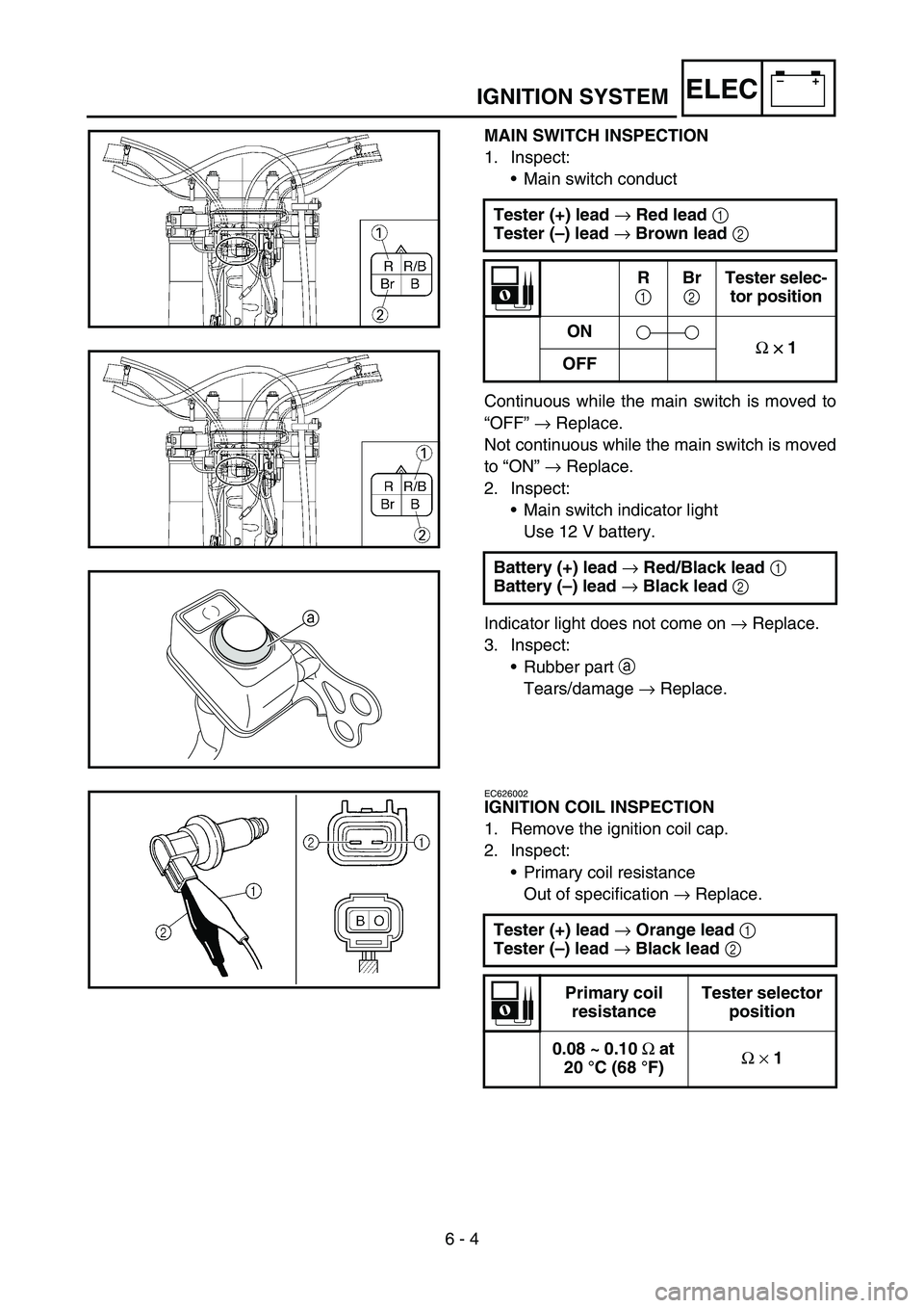 YAMAHA WR 450F 2007 Owners Manual 6 - 4
–+ELECIGNITION SYSTEM
MAIN SWITCH INSPECTION
1. Inspect:
•Main switch conduct
Continuous while the main switch is moved to
“OFF” → Replace.
Not continuous while the main switch is move YAMAHA WR 450F 2007 Owners Manual 6 - 4
–+ELECIGNITION SYSTEM
MAIN SWITCH INSPECTION
1. Inspect:
•Main switch conduct
Continuous while the main switch is moved to
“OFF” → Replace.
Not continuous while the main switch is move