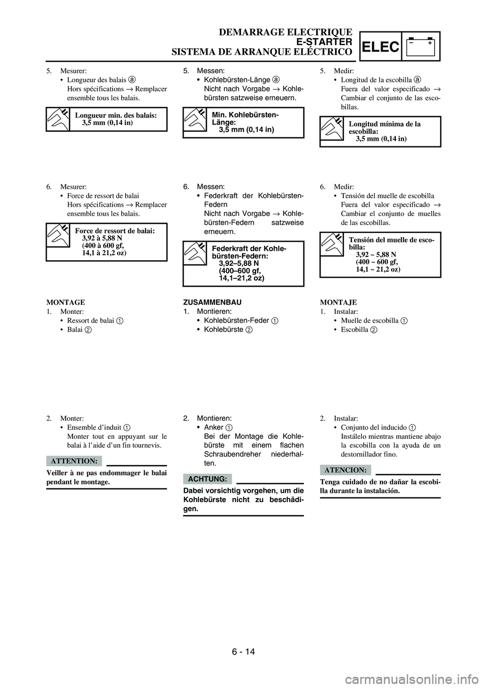 YAMAHA WR 450F 2007 Owners Manual –+ELEC
5. Messen:
Kohlebürsten-Länge a
Nicht nach Vorgabe → Kohle-
bürsten satzweise erneuern.
Min. Kohlebürsten-
Länge:
3,5 mm (0,14 in)
6. Messen:
Federkraft der Kohlebürsten-
Federn
N YAMAHA WR 450F 2007 Owners Manual –+ELEC
5. Messen:
Kohlebürsten-Länge a
Nicht nach Vorgabe → Kohle-
bürsten satzweise erneuern.
Min. Kohlebürsten-
Länge:
3,5 mm (0,14 in)
6. Messen:
Federkraft der Kohlebürsten-
Federn
N
