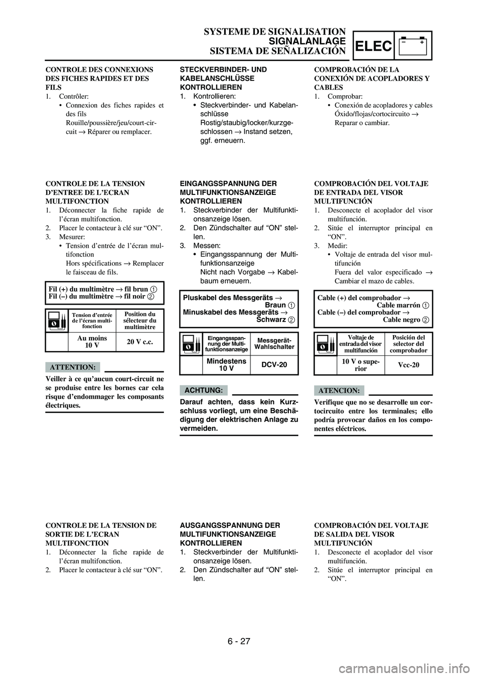 YAMAHA WR 450F 2007 Owners Manual –+ELEC
STECKVERBINDER- UND
KABELANSCHLÜSSE
KONTROLLIEREN
1. Kontrollieren:
Steckverbinder- und Kabelan-
schlüsse
Rostig/staubig/locker/kurzge-
schlossen → Instand setzen,
ggf. erneuern.
EING YAMAHA WR 450F 2007 Owners Manual –+ELEC
STECKVERBINDER- UND
KABELANSCHLÜSSE
KONTROLLIEREN
1. Kontrollieren:
Steckverbinder- und Kabelan-
schlüsse
Rostig/staubig/locker/kurzge-
schlossen → Instand setzen,
ggf. erneuern.
EING