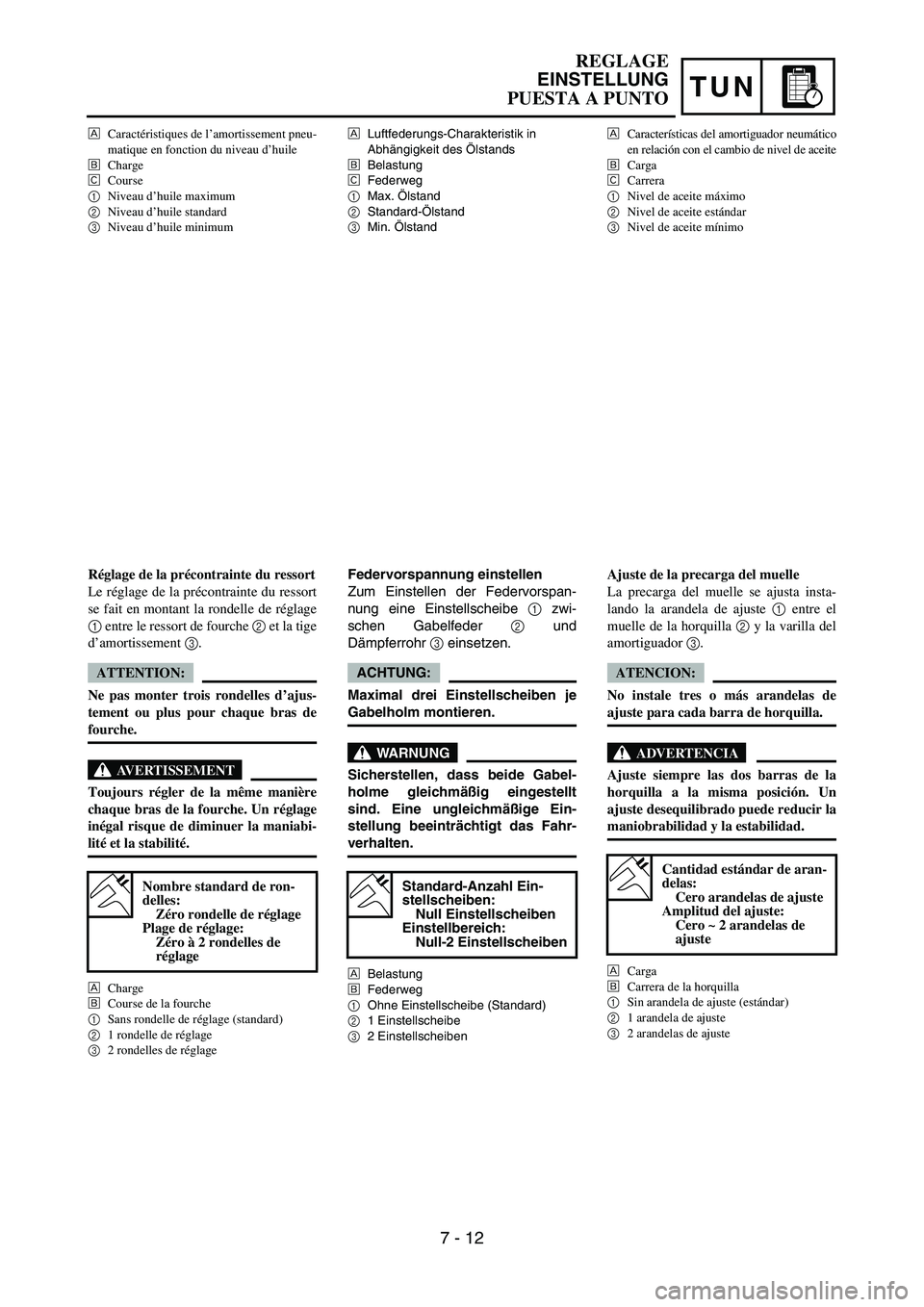 YAMAHA WR 450F 2007 Owners Manual TUN
ÈLuftfederungs-Charakteristik in
Abhängigkeit des Ölstands
ÉBelastung
ÊFederweg
1Max. Ölstand
2Standard-Ölstand
3Min. Ölstand
Federvorspannung einstellen
Zum Einstellen der Federvorspan- YAMAHA WR 450F 2007 Owners Manual TUN
ÈLuftfederungs-Charakteristik in
Abhängigkeit des Ölstands
ÉBelastung
ÊFederweg
1Max. Ölstand
2Standard-Ölstand
3Min. Ölstand
Federvorspannung einstellen
Zum Einstellen der Federvorspan-