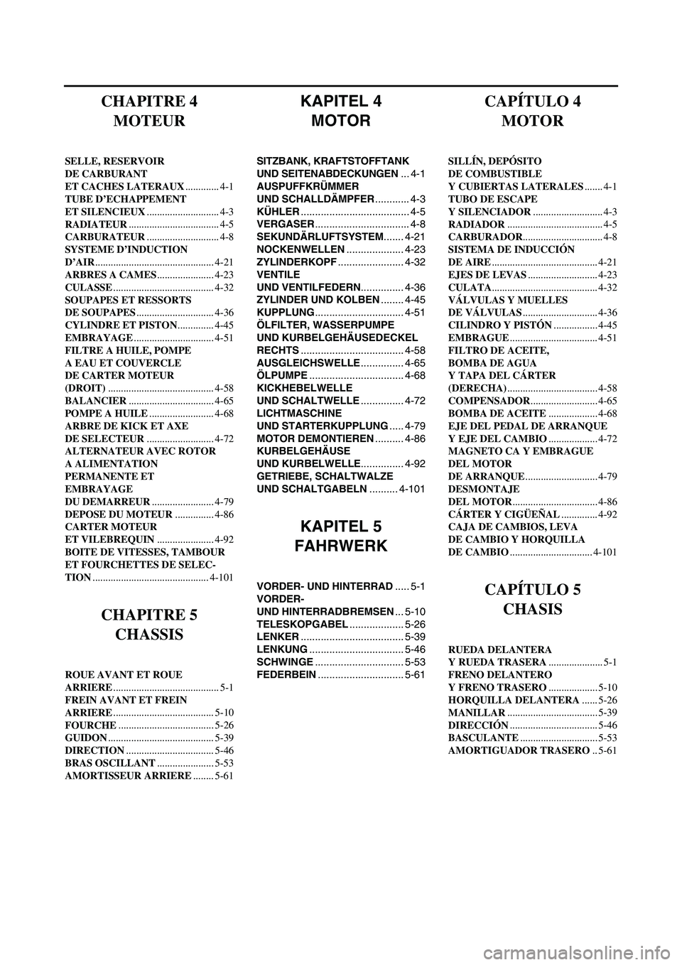 YAMAHA WR 450F 2006 Owners Manual KAPITEL 4
MOTOR
SITZBANK, KRAFTSTOFFTANK
UND SEITENABDECKUNGEN... 4-1
AUSPUFFKRÜMMER
UND SCHALLDÄMPFER............ 4-3
KÜHLER...................................... 4-5
VERGASER................... YAMAHA WR 450F 2006 Owners Manual KAPITEL 4
MOTOR
SITZBANK, KRAFTSTOFFTANK
UND SEITENABDECKUNGEN... 4-1
AUSPUFFKRÜMMER
UND SCHALLDÄMPFER............ 4-3
KÜHLER...................................... 4-5
VERGASER...................