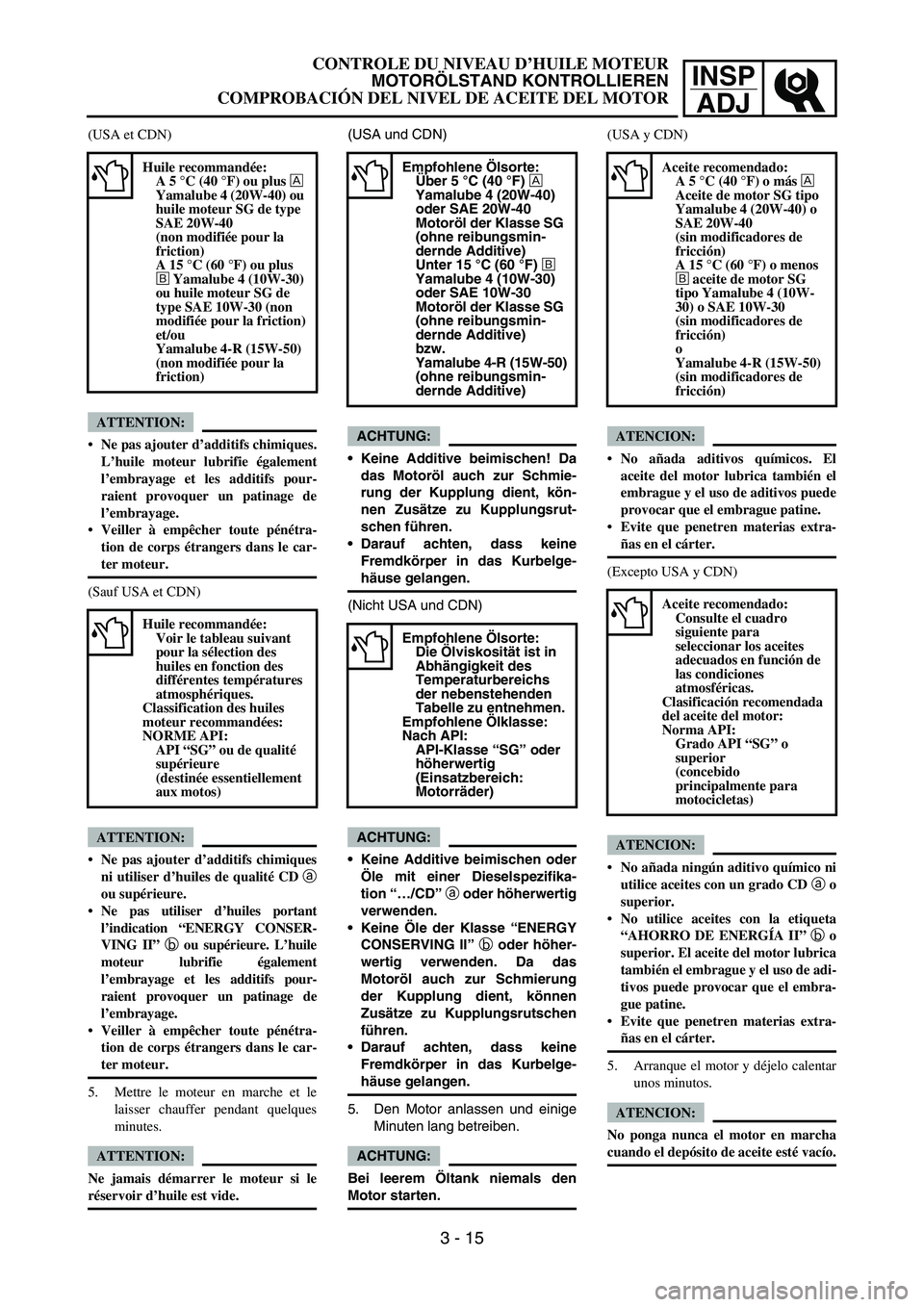 YAMAHA WR 450F 2006 Owners Manual INSP
ADJ
(USA et CDN)
ATTENTION:
Ne pas ajouter d’additifs chimiques.
L’huile moteur lubrifie également
l’embrayage et les additifs pour-
raient provoquer un patinage de
l’embrayage.
Veille YAMAHA WR 450F 2006 Owners Manual INSP
ADJ
(USA et CDN)
ATTENTION:
Ne pas ajouter d’additifs chimiques.
L’huile moteur lubrifie également
l’embrayage et les additifs pour-
raient provoquer un patinage de
l’embrayage.
Veille