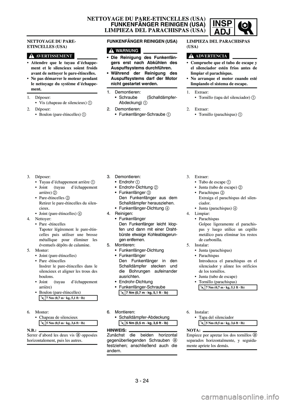 YAMAHA WR 450F 2006 Owners Manual INSP
ADJ
NETTOYAGE DU PARE-
ETINCELLES (USA)
AVERTISSEMENT
Attendre que le tuyau d’échappe-
ment et le silencieux soient froids
avant de nettoyer le pare-étincelles.
Ne pas démarrer le moteur p YAMAHA WR 450F 2006 Owners Manual INSP
ADJ
NETTOYAGE DU PARE-
ETINCELLES (USA)
AVERTISSEMENT
Attendre que le tuyau d’échappe-
ment et le silencieux soient froids
avant de nettoyer le pare-étincelles.
Ne pas démarrer le moteur p