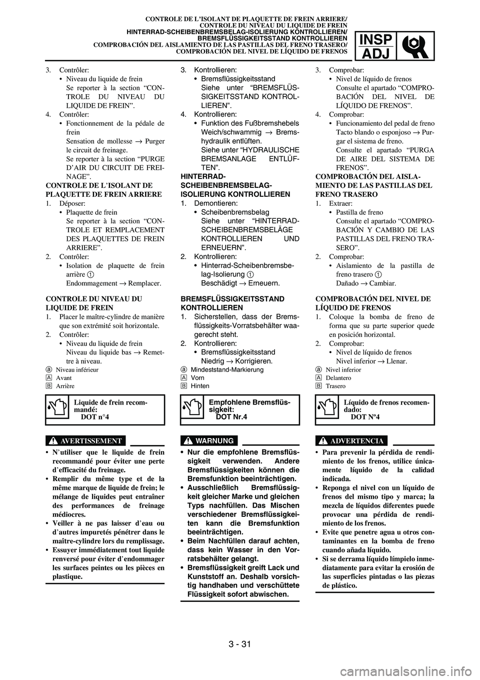 YAMAHA WR 450F 2006 Manual PDF INSP
ADJ
3. Contrôler:
Niveau du liquide de frein
Se reporter à la section “CON-
TROLE DU NIVEAU DU
LIQUIDE DE FREIN”.
4. Contrôler:
Fonctionnement de la pédale de
frein
Sensation de molless YAMAHA WR 450F 2006 Manual PDF INSP
ADJ
3. Contrôler:
Niveau du liquide de frein
Se reporter à la section “CON-
TROLE DU NIVEAU DU
LIQUIDE DE FREIN”.
4. Contrôler:
Fonctionnement de la pédale de
frein
Sensation de molless