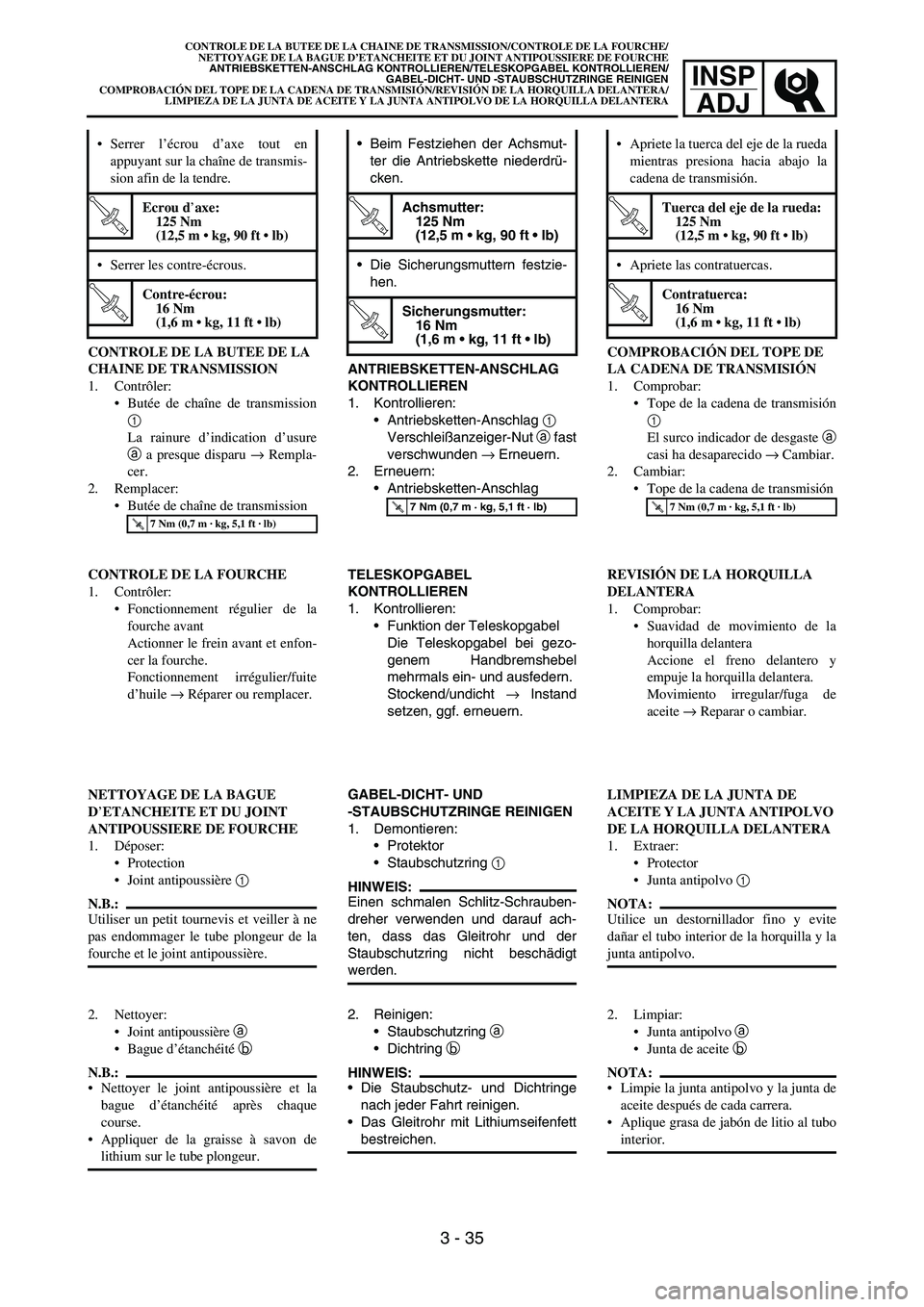 YAMAHA WR 450F 2006 Manual Online INSP
ADJ
CONTROLE DE LA BUTEE DE LA
CHAINE DE TRANSMISSION
1. Contrôler:
Butée de chaîne de transmission
1
La rainure d’indication d’usure
a a presque disparu → Rempla-
cer.
2. Remplacer:
YAMAHA WR 450F 2006 Manual Online INSP
ADJ
CONTROLE DE LA BUTEE DE LA
CHAINE DE TRANSMISSION
1. Contrôler:
Butée de chaîne de transmission
1
La rainure d’indication d’usure
a a presque disparu → Rempla-
cer.
2. Remplacer: