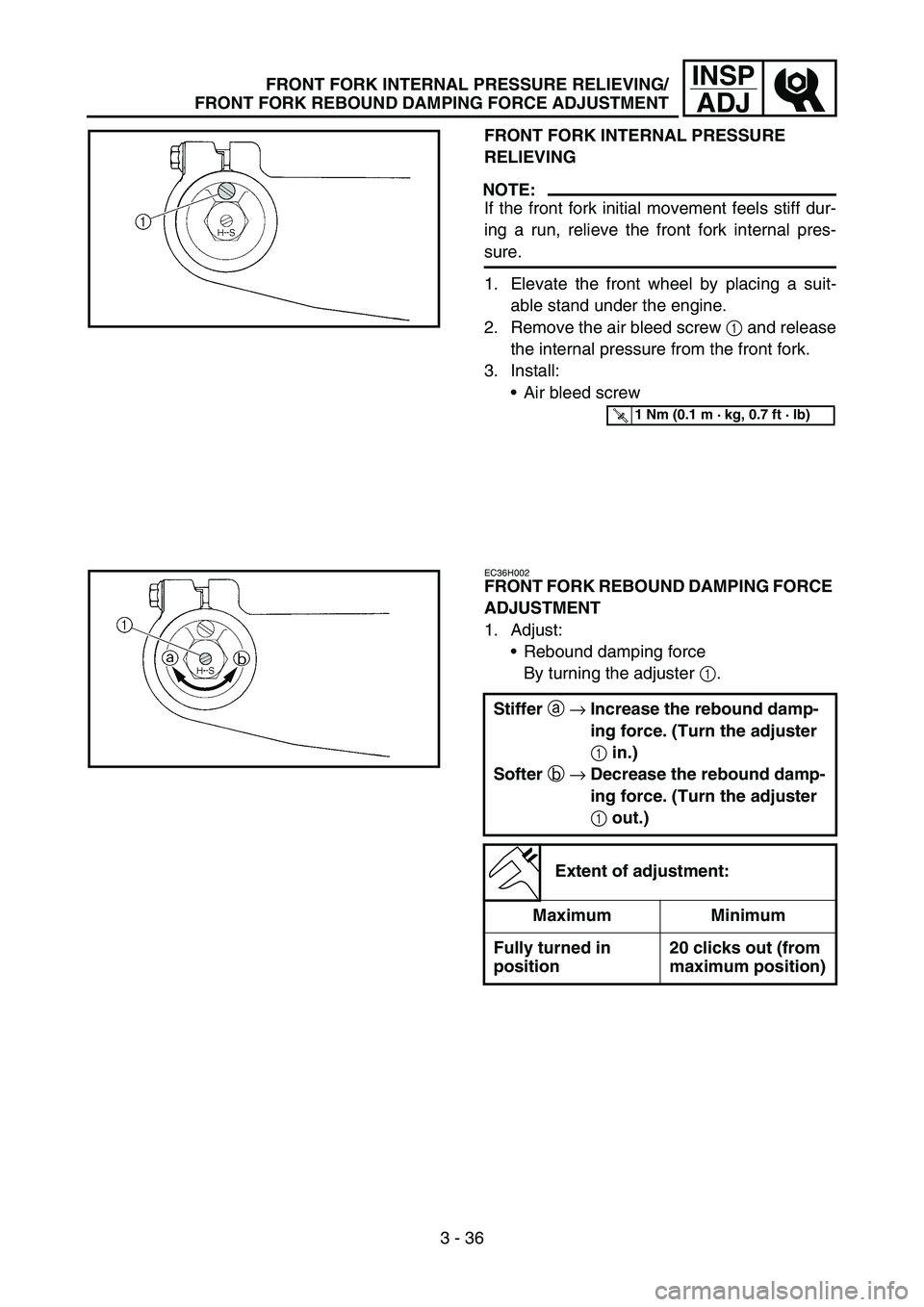 YAMAHA WR 450F 2006 User Guide 3 - 36
INSP
ADJFRONT FORK INTERNAL PRESSURE RELIEVING/
FRONT FORK REBOUND DAMPING FORCE ADJUSTMENT
FRONT FORK INTERNAL PRESSURE
RELIEVING
NOTE:
If the front fork initial movement feels stiff dur-
ing YAMAHA WR 450F 2006 User Guide 3 - 36
INSP
ADJFRONT FORK INTERNAL PRESSURE RELIEVING/
FRONT FORK REBOUND DAMPING FORCE ADJUSTMENT
FRONT FORK INTERNAL PRESSURE
RELIEVING
NOTE:
If the front fork initial movement feels stiff dur-
ing