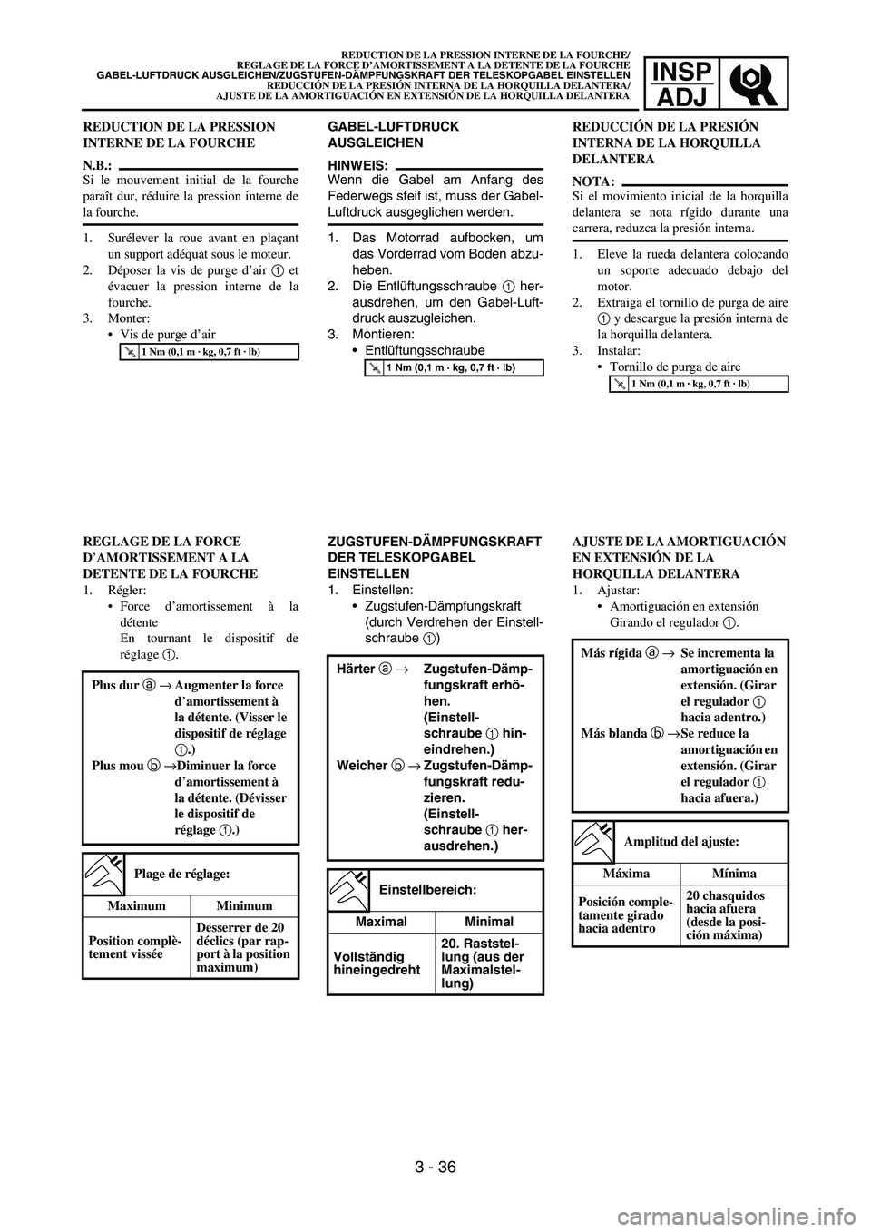 YAMAHA WR 450F 2006 Owners Manual INSP
ADJ
REDUCTION DE LA PRESSION
INTERNE DE LA FOURCHE
N.B.:
Si le mouvement initial de la fourche
paraît dur, réduire la pression interne de
la fourche.
1. Surélever la roue avant en plaçant
un YAMAHA WR 450F 2006 Owners Manual INSP
ADJ
REDUCTION DE LA PRESSION
INTERNE DE LA FOURCHE
N.B.:
Si le mouvement initial de la fourche
paraît dur, réduire la pression interne de
la fourche.
1. Surélever la roue avant en plaçant
un