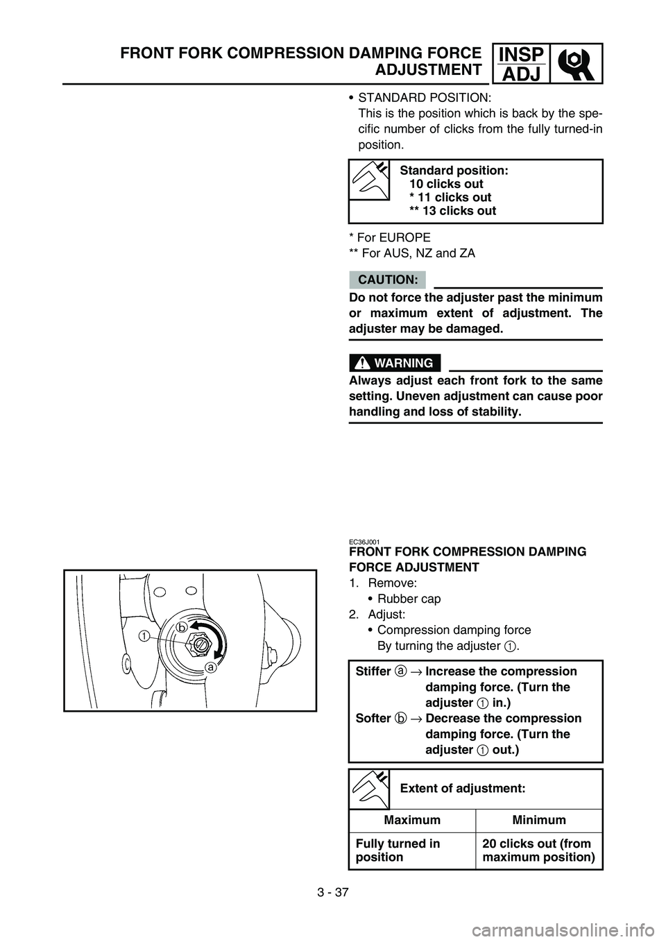 YAMAHA WR 450F 2006 User Guide 3 - 37
INSP
ADJFRONT FORK COMPRESSION DAMPING FORCE
ADJUSTMENT
STANDARD POSITION:
This is the position which is back by the spe-
cific number of clicks from the fully turned-in
position.
* For EUROPE YAMAHA WR 450F 2006 User Guide 3 - 37
INSP
ADJFRONT FORK COMPRESSION DAMPING FORCE
ADJUSTMENT
STANDARD POSITION:
This is the position which is back by the spe-
cific number of clicks from the fully turned-in
position.
* For EUROPE