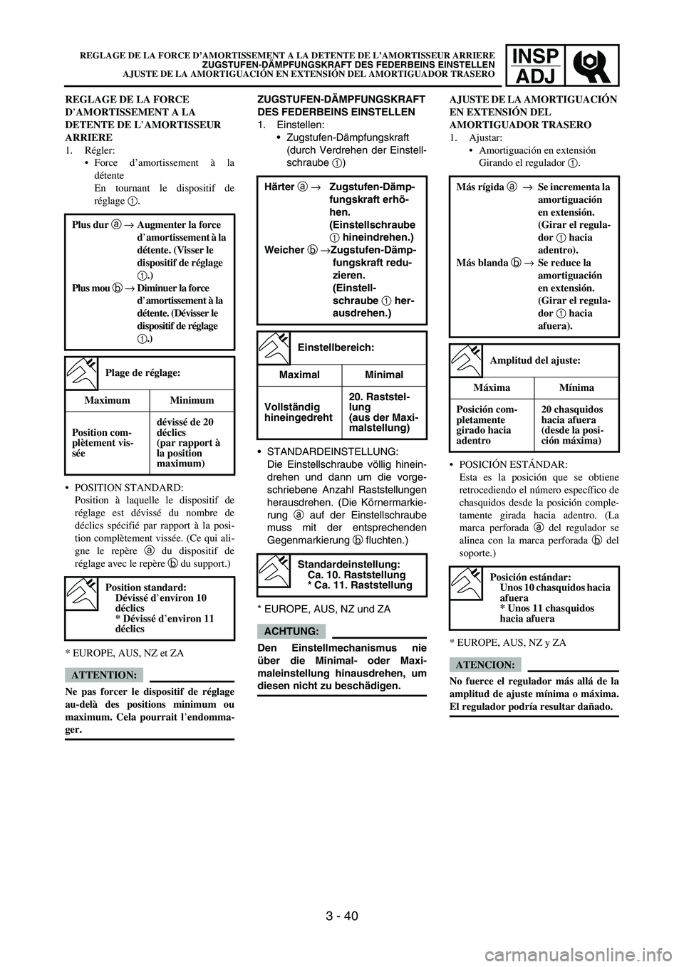 YAMAHA WR 450F 2006 Manual Online INSP
ADJ
REGLAGE DE LA FORCE
D’AMORTISSEMENT A LA
DETENTE DE L’AMORTISSEUR
ARRIERE
1. Régler:
Force d’amortissement à la
détente
En tournant le dispositif de
réglage 1.
POSITION STANDAR YAMAHA WR 450F 2006 Manual Online INSP
ADJ
REGLAGE DE LA FORCE
D’AMORTISSEMENT A LA
DETENTE DE L’AMORTISSEUR
ARRIERE
1. Régler:
Force d’amortissement à la
détente
En tournant le dispositif de
réglage 1.
POSITION STANDAR