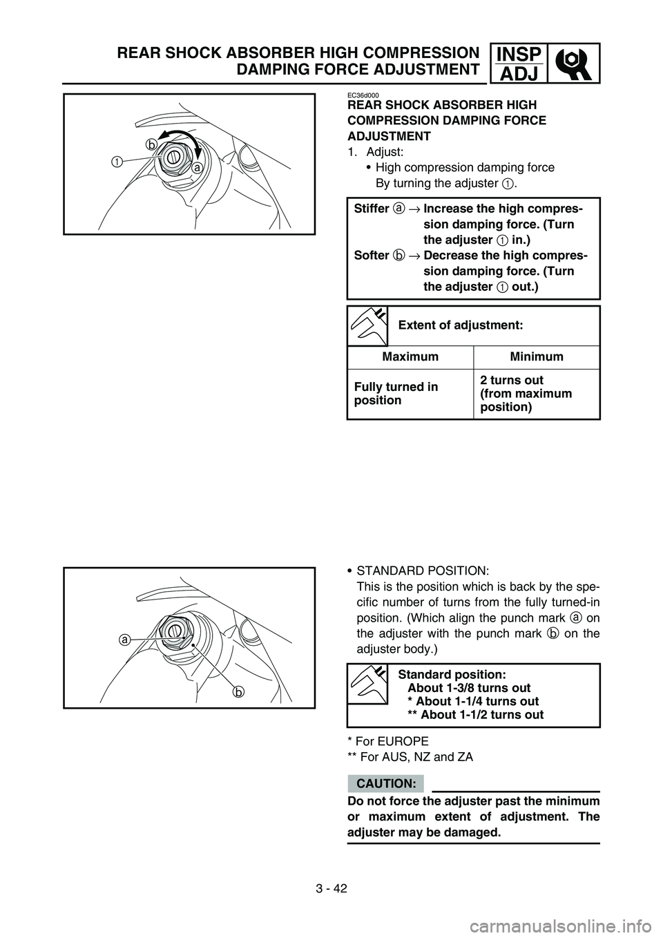 YAMAHA WR 450F 2006 Owners Manual 3 - 42
INSP
ADJ
EC36d000
REAR SHOCK ABSORBER HIGH
COMPRESSION DAMPING FORCE
ADJUSTMENT
1. Adjust:
High compression damping force
By turning the adjuster 1.
Stiffer a →Increase the high compres-
s YAMAHA WR 450F 2006 Owners Manual 3 - 42
INSP
ADJ
EC36d000
REAR SHOCK ABSORBER HIGH
COMPRESSION DAMPING FORCE
ADJUSTMENT
1. Adjust:
High compression damping force
By turning the adjuster 1.
Stiffer a →Increase the high compres-
s