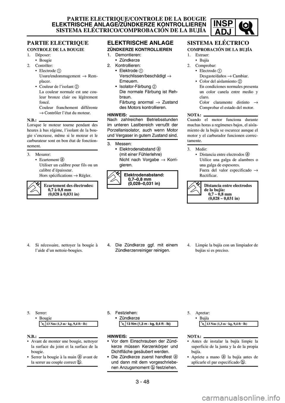 YAMAHA WR 450F 2006 Owners Manual INSP
ADJ
PARTIE ELECTRIQUE
CONTROLE DE LA BOUGIE
1. Déposer:
Bougie
2. Contrôler:
Electrode 1
Usure/endommagement → Rem-
placer.
Couleur de l’isolant 2
La couleur normale est une cou-
leur b YAMAHA WR 450F 2006 Owners Manual INSP
ADJ
PARTIE ELECTRIQUE
CONTROLE DE LA BOUGIE
1. Déposer:
Bougie
2. Contrôler:
Electrode 1
Usure/endommagement → Rem-
placer.
Couleur de l’isolant 2
La couleur normale est une cou-
leur b